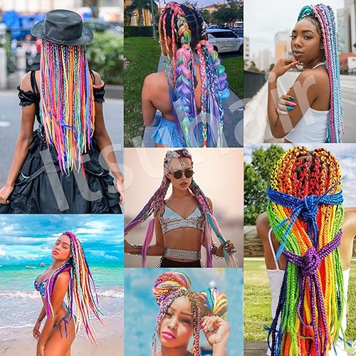 Miniatura 6 de Cabello trenzado preestirado de 26 pulgadas, trenzas coloridas, 6 piezas de cabello trenzado multicolor preestirado para niños, niñas y mujeres