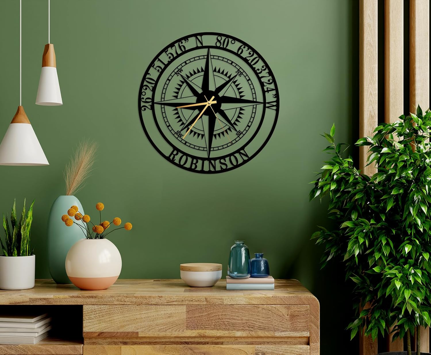 Personalized Compass Wall Clock Metal, Clock with Family Last Name and Latitude Longitude, Custom Compass Wall Clock