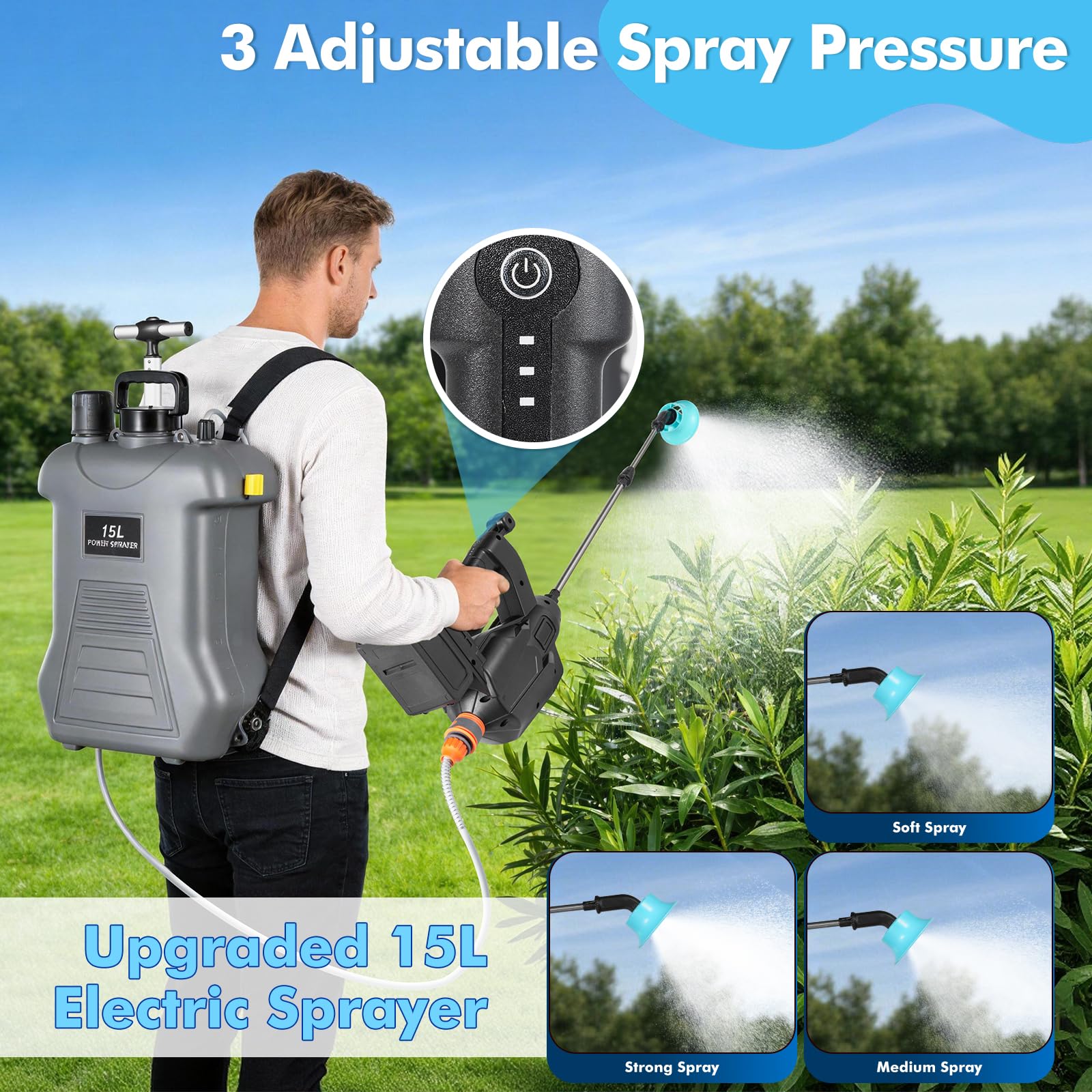 Spruzzatore elettrico posteriore 18 V con batteria al litio e carrello a rotelle, 15 l, compatibile con Makita, 3 livelli di pressione, pistola telescopica per giardino, pulizia e controllo