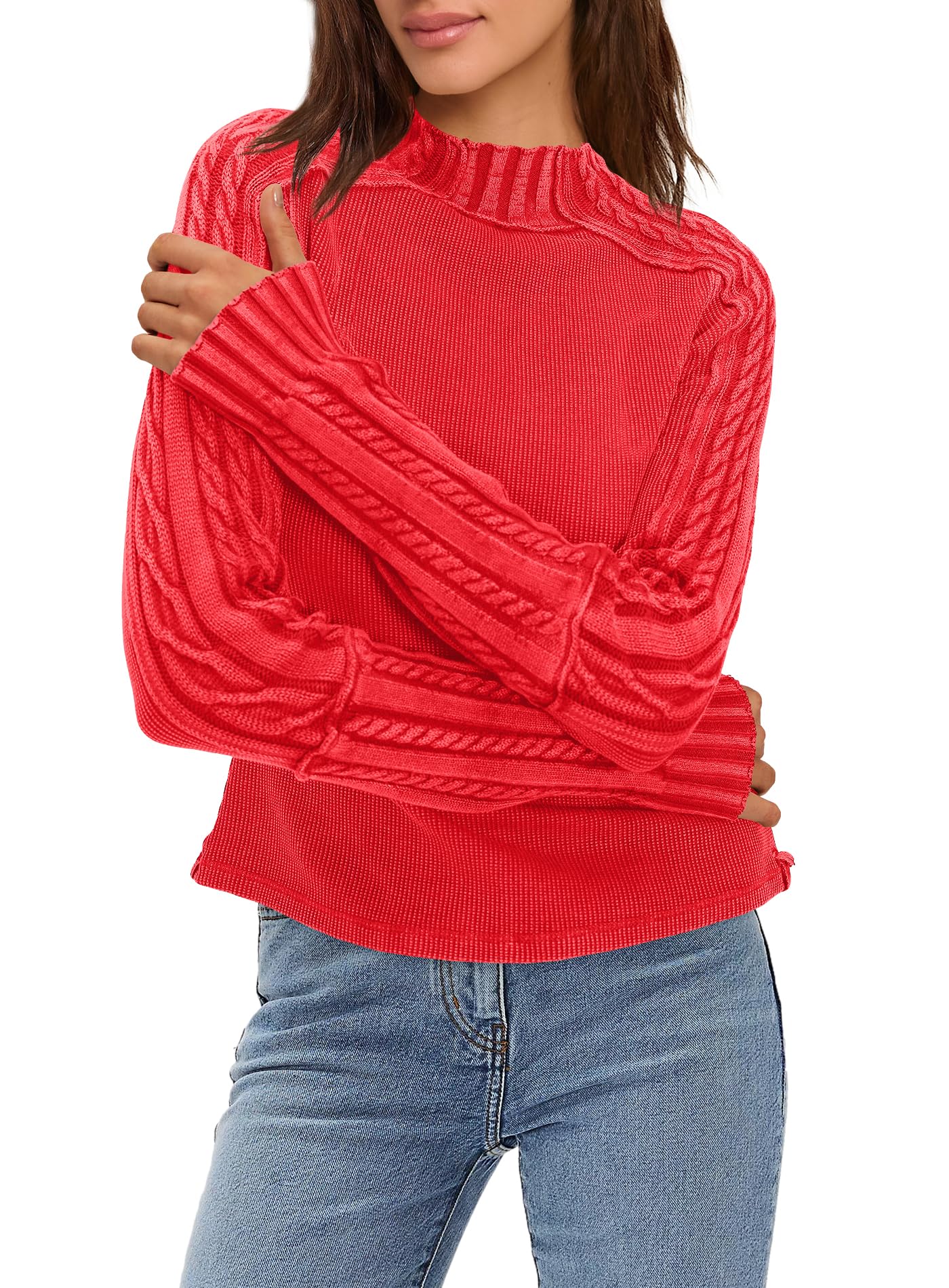 ReachMe Womens Cable Knit Sweaters Oversized Lightweight Sweater Turtleneck Waffle Knit Tops Fall Outfits 2025