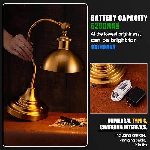 Miniatura 4 de Lámpara de mesa LED inalámbrica, funciona con pilas, recargable, atenuación de 3 niveles, carga universal USB-C, cabezal giratorio de 180, pantalla