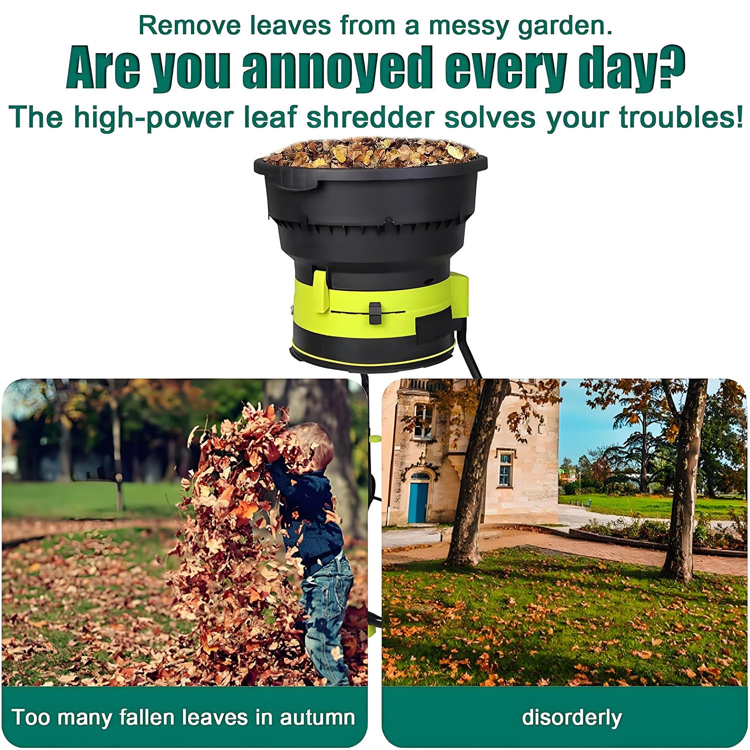 Trituradora de hojas eléctrica para jardín, trituradora de abono de 2500 W, trituradora de hojas de 8000 rpm para limpieza de jardines y compostaje