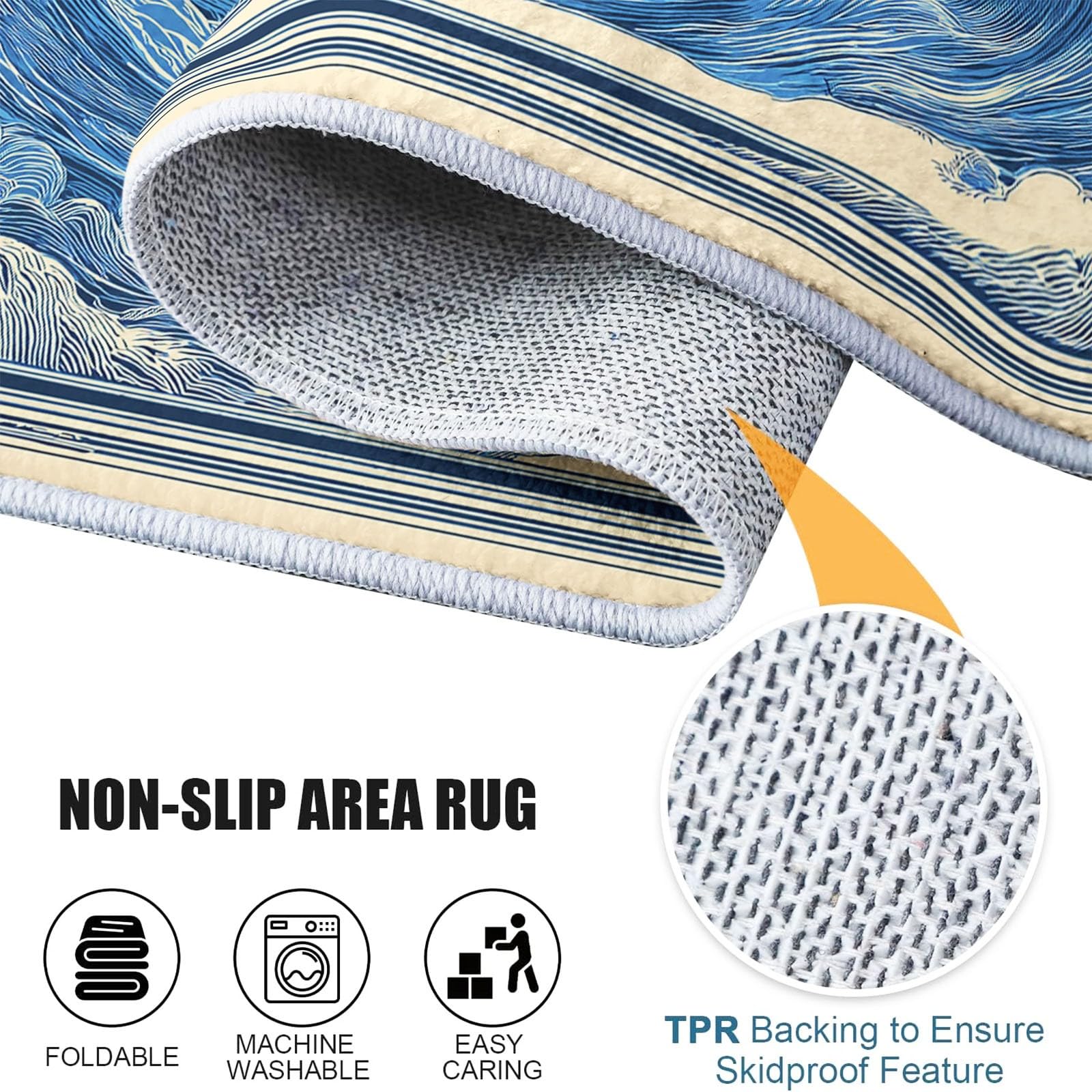 Générique Tapis Salon Affiche Rétro Carte du Monavec Vagues L'Océan 90 x 150 cm Tapis Chambre Impression 3D Moderne, Bleu Moquette Antidérapant Lavable Machine, pour Salon Salle à Manger Bureau