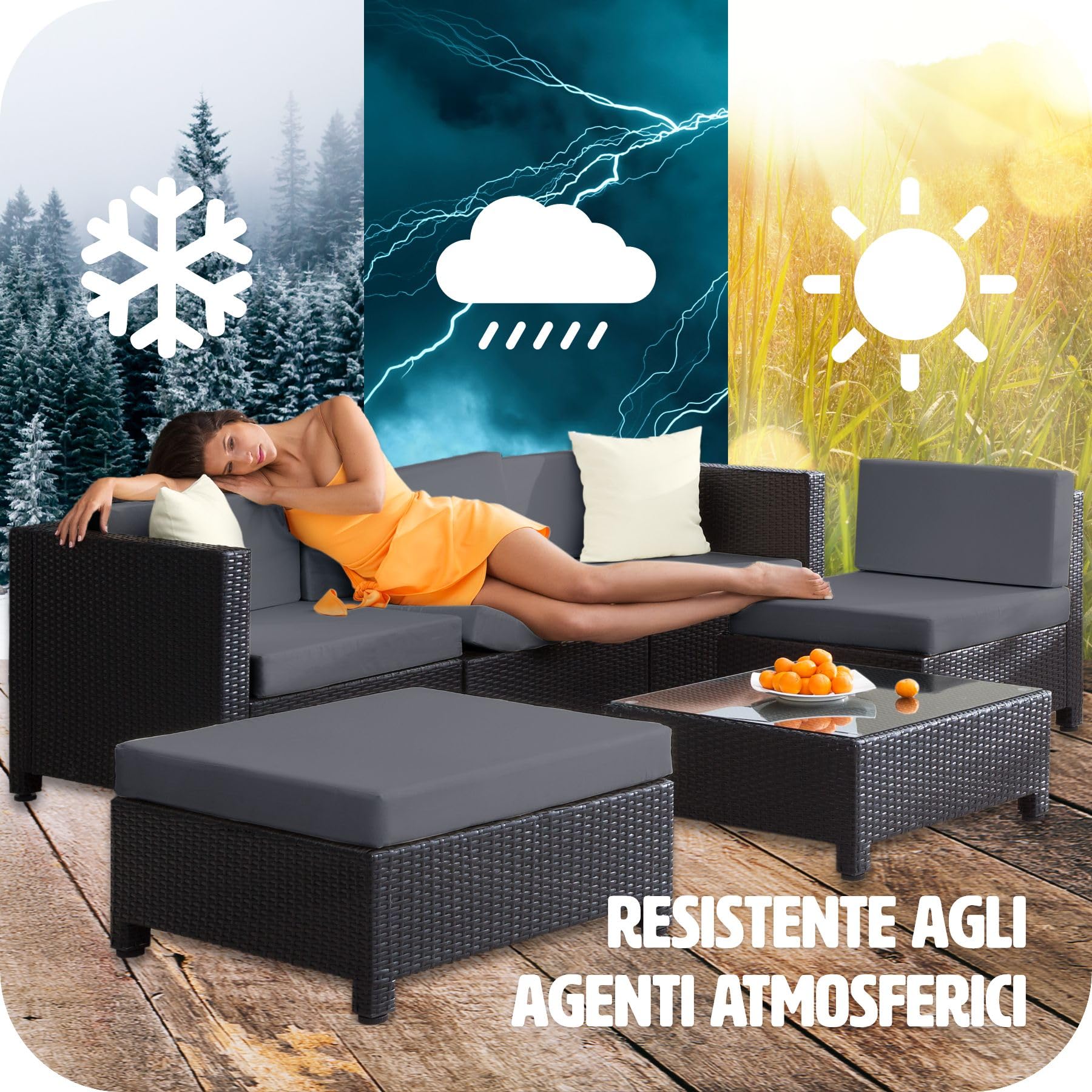 tectake® Set Salotto da Giardino Polyrattan, Elegante Design Moderno, 4 Pezzi con Tavolo Vetro, Imbottiture Confortevoli 10cm, Arredo Giardino, Arredo Esterno, Adatto Terrazza, Balcone -Grigio Chiaro