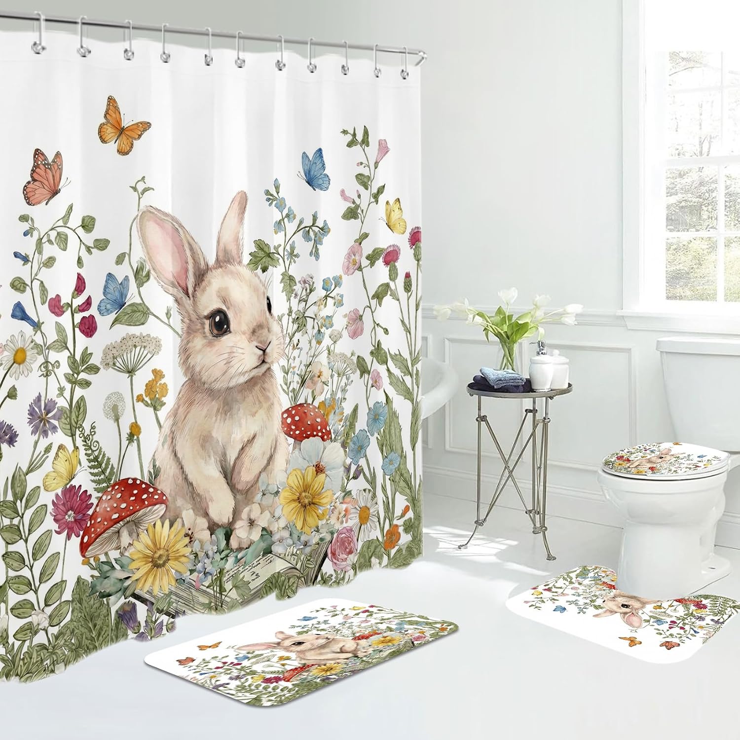 4PCS Spring Flower Shower Curtain Set with Rugs Cute Rabbit Wildflower Floral Butterfly Mushroom Bathroom Decor Bunny Shower Curtain Bath Mat Toilet Lid Cover and Rug with 12 Hooks 72x72 Inches
