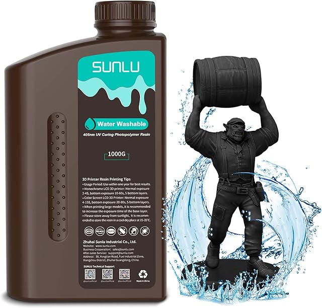 SUNLU Water Washable 3D Printer Resin, 1kg 405nm UV Fast Curing 3D Resin for 2K 4K 8K LCD DLP SLA Resin 3D Printers, No Alcohol Required, Easy to Clean, High Precision 3D Resin 1000g, Black