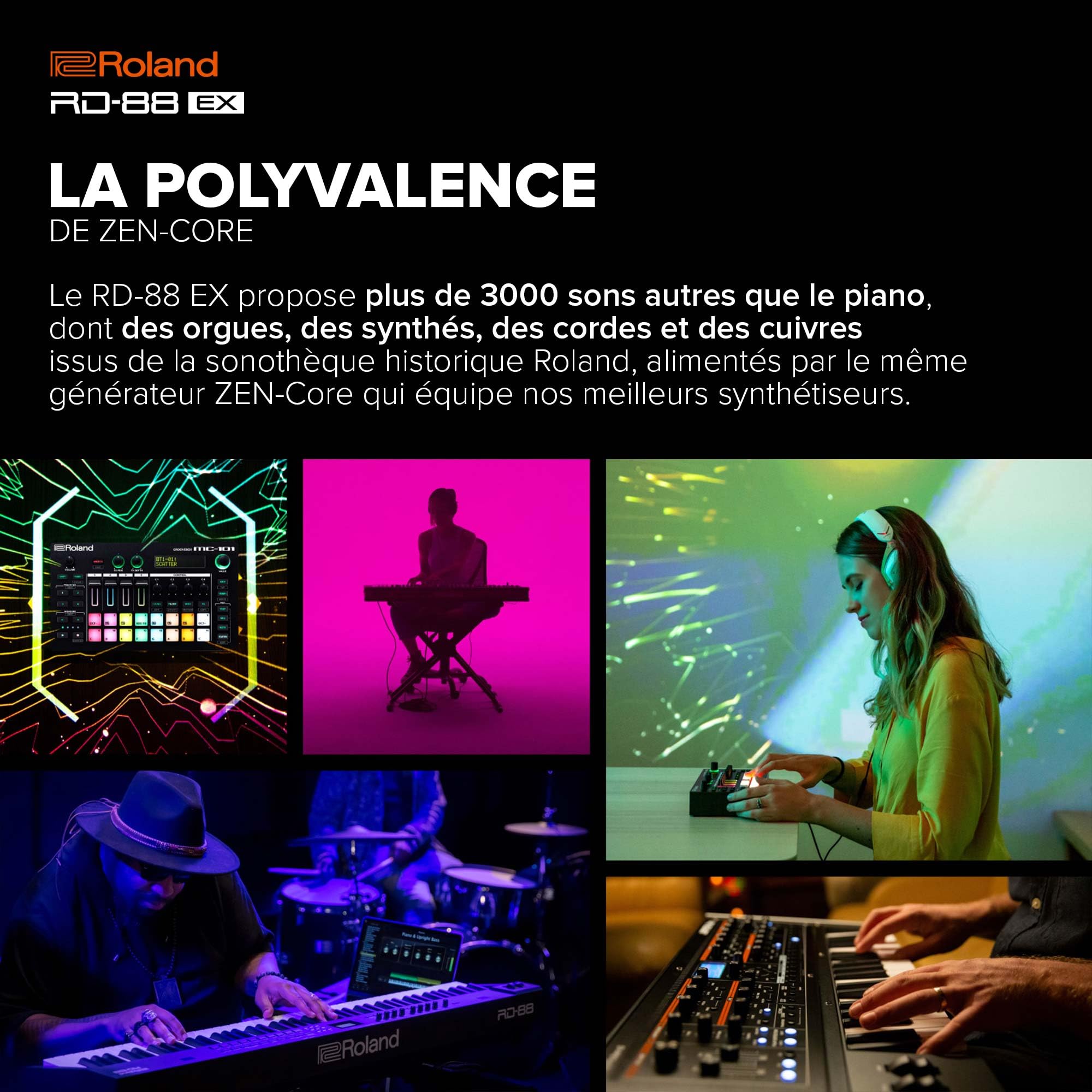 Piano de scène RD-88 EX Roland | Clavier à 88 touches d'une extrême robustesse avec multiples sons | Technologie SuperNATURAL | Générateur de sons ZEN-Core avec plus 3000 sons