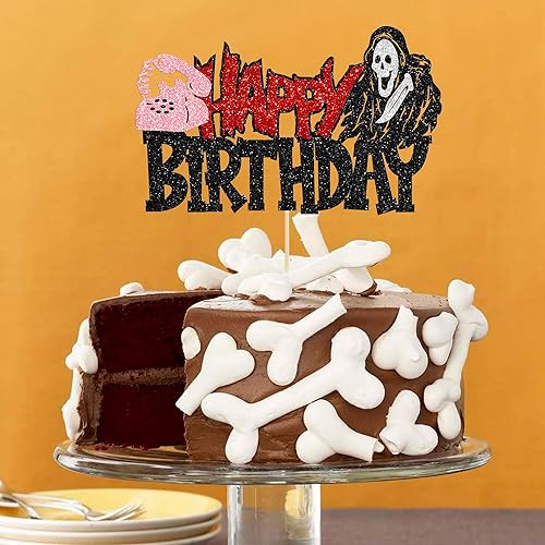Miniatura 5 de 1 pieza de decoración de pastel de cumpleaños asesino ensamblada con purpurina de terror clásico de Halloween para tema de terror sangriento