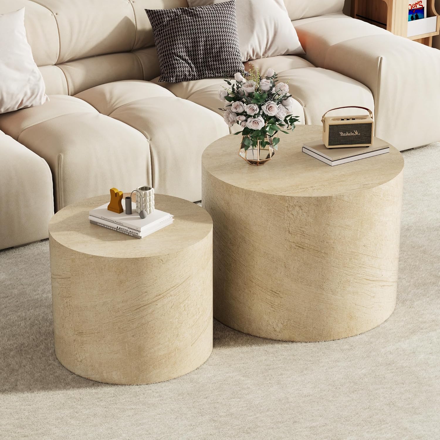 Nesting Coffee Table Set of 2, Beige Round Coffee Table with Non-Slip Feet, Modern Wooden Circle Accent Tables for Small Spaces Living Room, Bedroom, Balcony, Office Drum Side Table