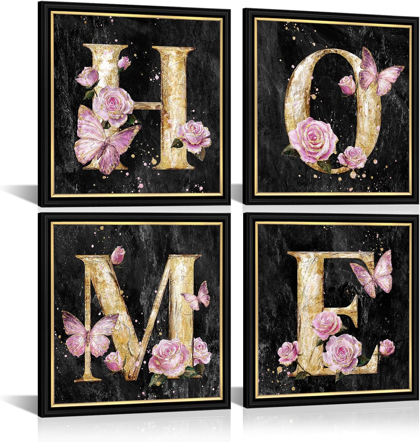 LevvArts Home Sign Wall Art Gold Letter with Pink Roses and Butterflies Picture Painting Modern Black and Gold Pink Bathroom Decor
