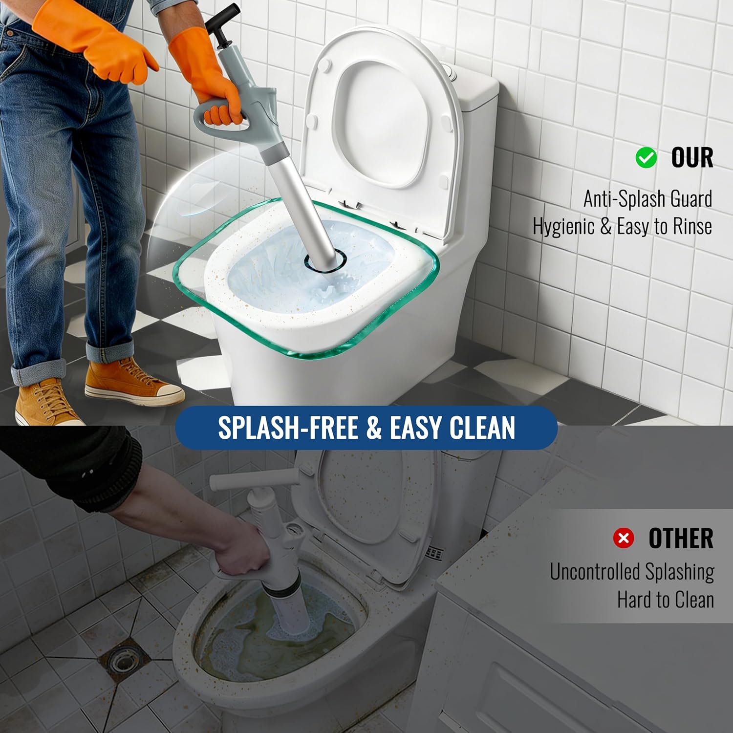 Toilet Plunger,Unclog in One Press,Swift High Pressure Drain Unclogger Plungers for Bathroom, Toilets, Sinks and Plumbing Clogs