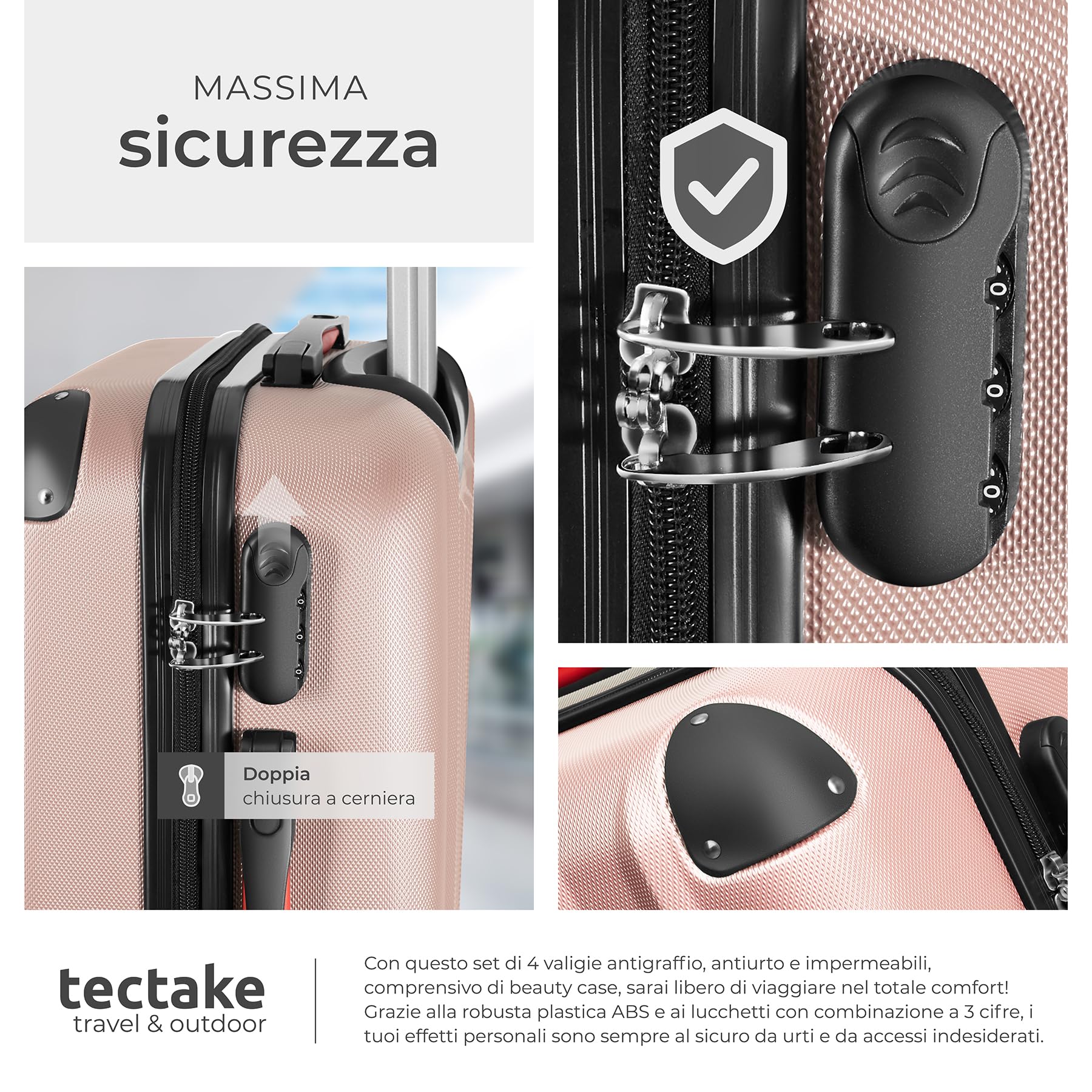 tectake® Set Valigie Pucci, Set di Valigie con Rotelle Girevoli a 360°, Beauty Case Incluso, Trolley da Viaggio, Serratura di Sicurezza, Adatto per Tutti i Tipi di Viaggi - Rosa Dorato