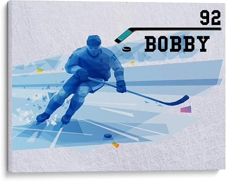 Hot4TShirts Hockey Room Decor for Kids Canvas Wall Art Custom Personalized Gift White/Blue, 16"x12"