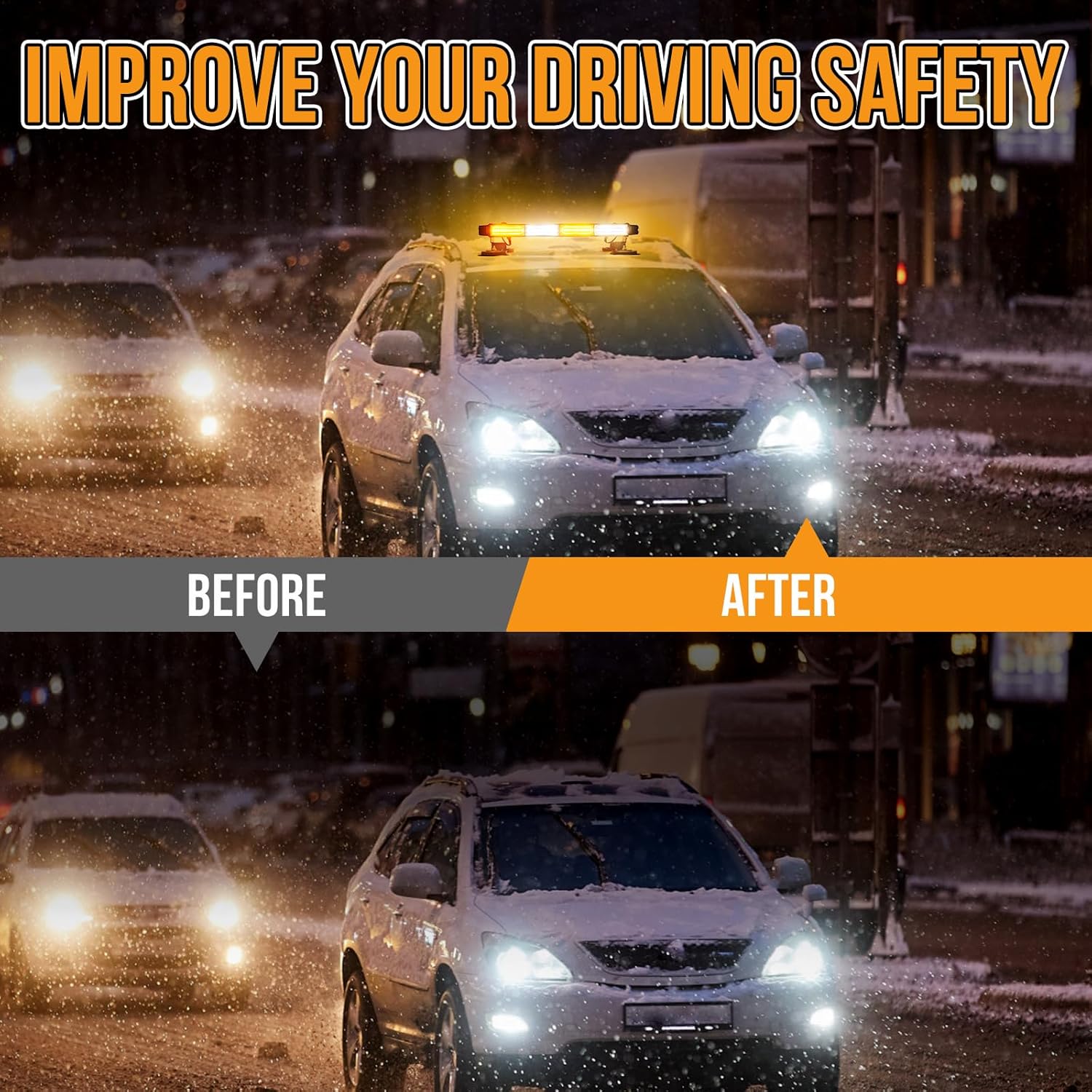 18.6" Emergency Strobe Lights Bar for Trucks - MIRUNNY Waterproof Double Side Safety Warning Traffic Advisor Beacon Flashing Light Bar with Magnetic Base for Snow Plow,Vehicles（White/Amber）