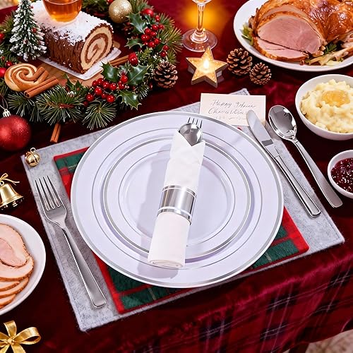 Miniatura 2 de DaYammi Juego de vajilla de plástico plateado de 350 piezas para 50 invitados, platos desechables elegantes para Navidad, incluye 50 platos llanos,