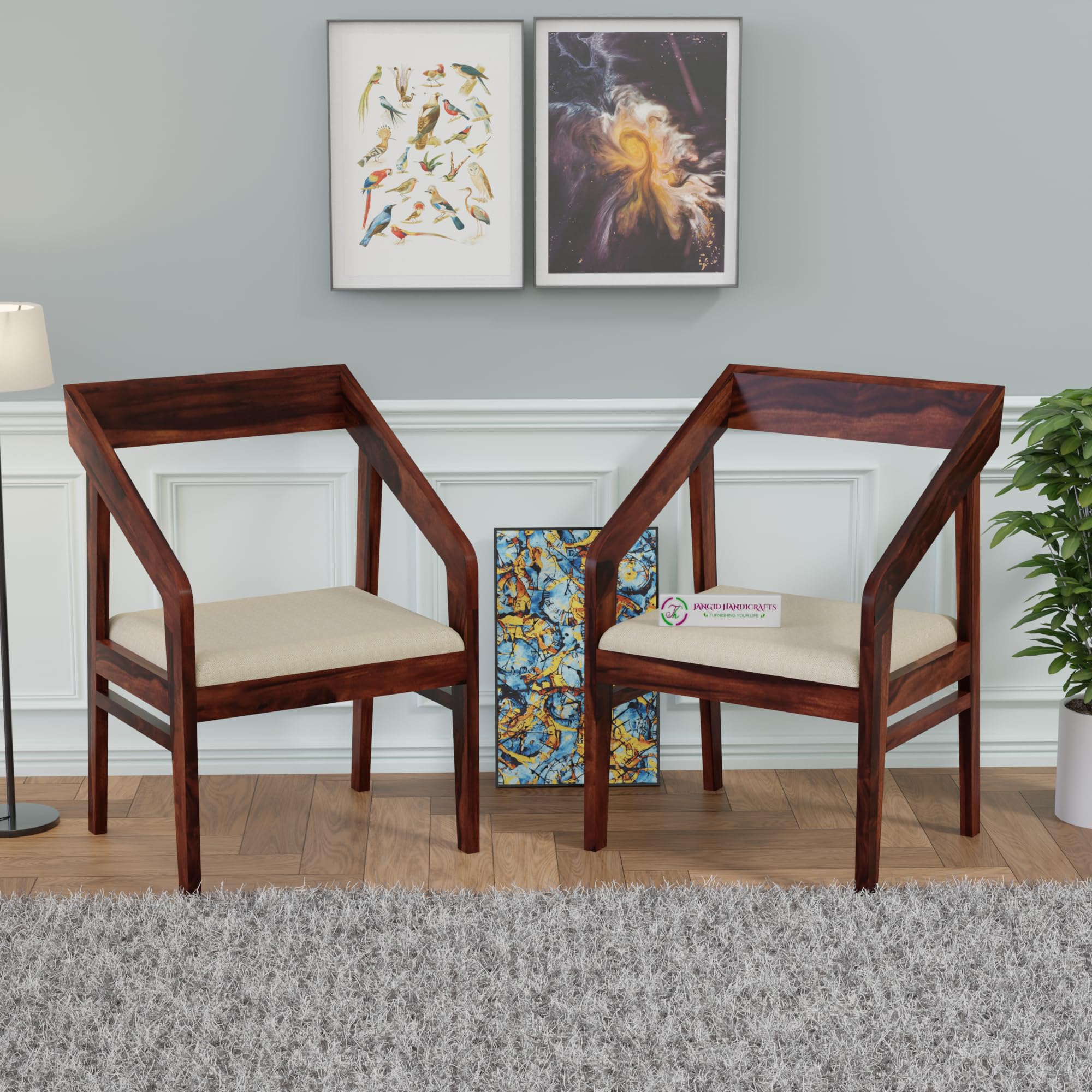 Solid Sheesham Wood Arm Chair for Living Room (Set of 2) | Wooden Chair with Cushion Seat | Lounge Chair for Bedroom, Office, Balcony & Dining Room | Modern Arm/Sofa Chair | Walnut Finish-image-11