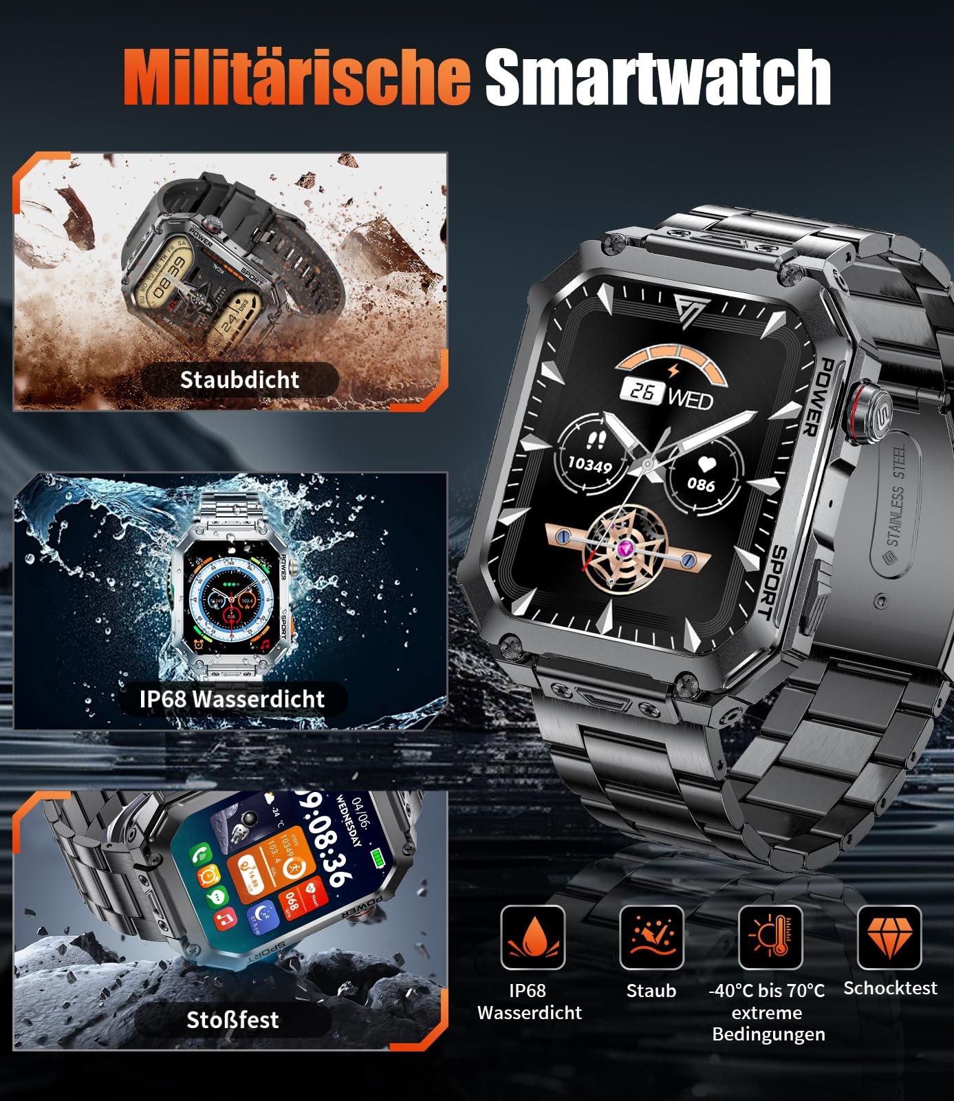 LIGE Smartwatch Herren mit großem 2,01" HD-Bildschirm, 3 Armbänder, Bluetooth-Anrufe, Herzfrequenz & SpO2-Messung, 120+ Sportmodi, IP68 wasserdicht Sportuhr iOS/Android, Schwarz