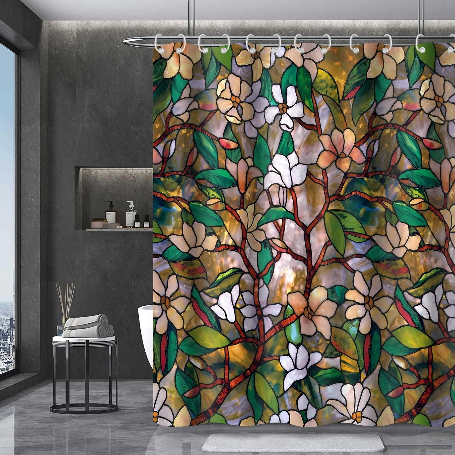 Abstract Window Floral Bathroom Shower Curtain Stained Glass Window Green Leaves White Flowers Bathing Curtains Washable Plant Leaf Fabric Set with 12 Hooks 72 x 72 Inches