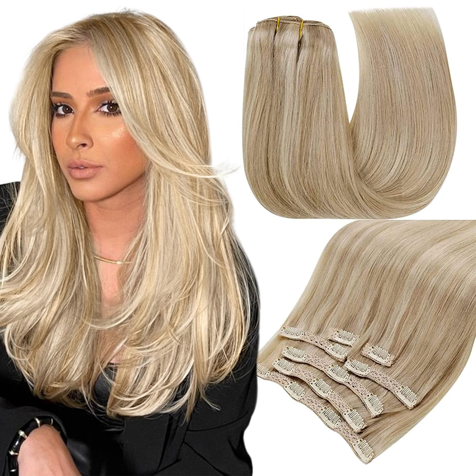 RUNATURE Clip in Hair Extensions Real Human Hair Blonde Highlight Dark Blonde Clip in Extensions Human Hair Blonde Clip in Real Hair Extensions Blonde 120 Gram 7Pcs