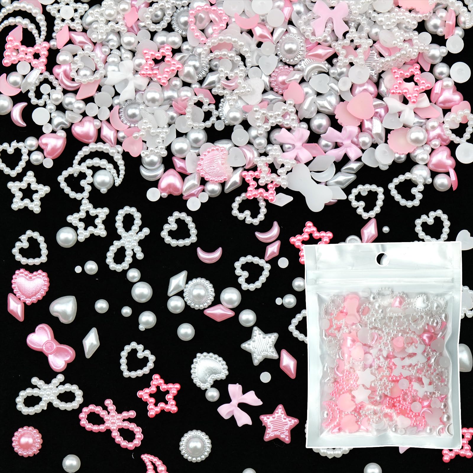 Berovskki 600Pcs Pink White Pearls Nail Charms Multi-shapes Heart Star Bows Round 3D Acrylic Assorted Nail Pearls Charms for Manicure DIY Crafts Jewel Accessories