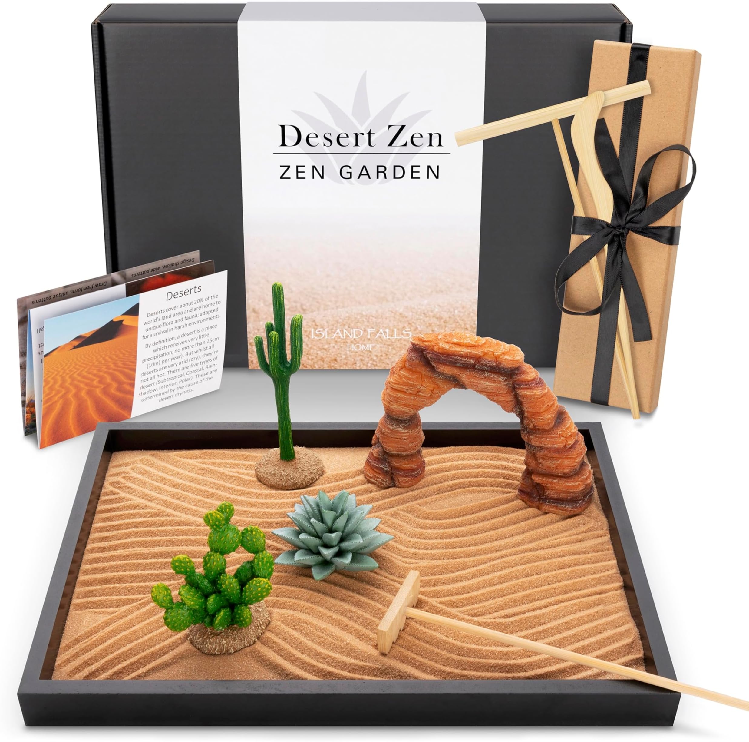 Desert Zen Garden Kit. Premium Home Cactus Decor. 11x8 sand tray. 4 artificial features, brown sand, 3 handcrafted wood tools. Southwestern Desert Decor Zen Garden for desk therapy
