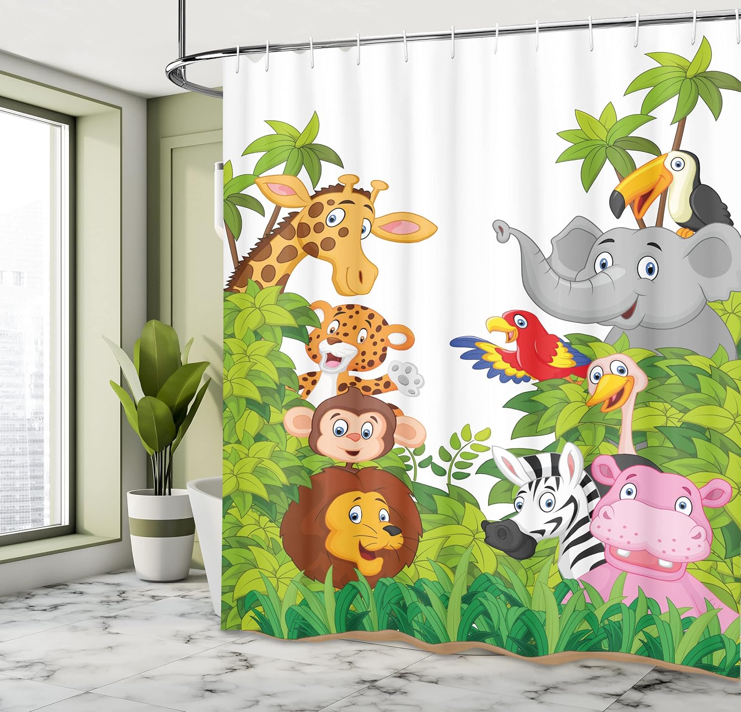 Ambesonne Cartoon Shower Curtain, Style Zoo Animals Savannah Jungle Mascots Tropical Forest Wildlife Pattern, Cloth Fabric Bathroom Decor Set with Hooks, 69" W x 84" L, Green White