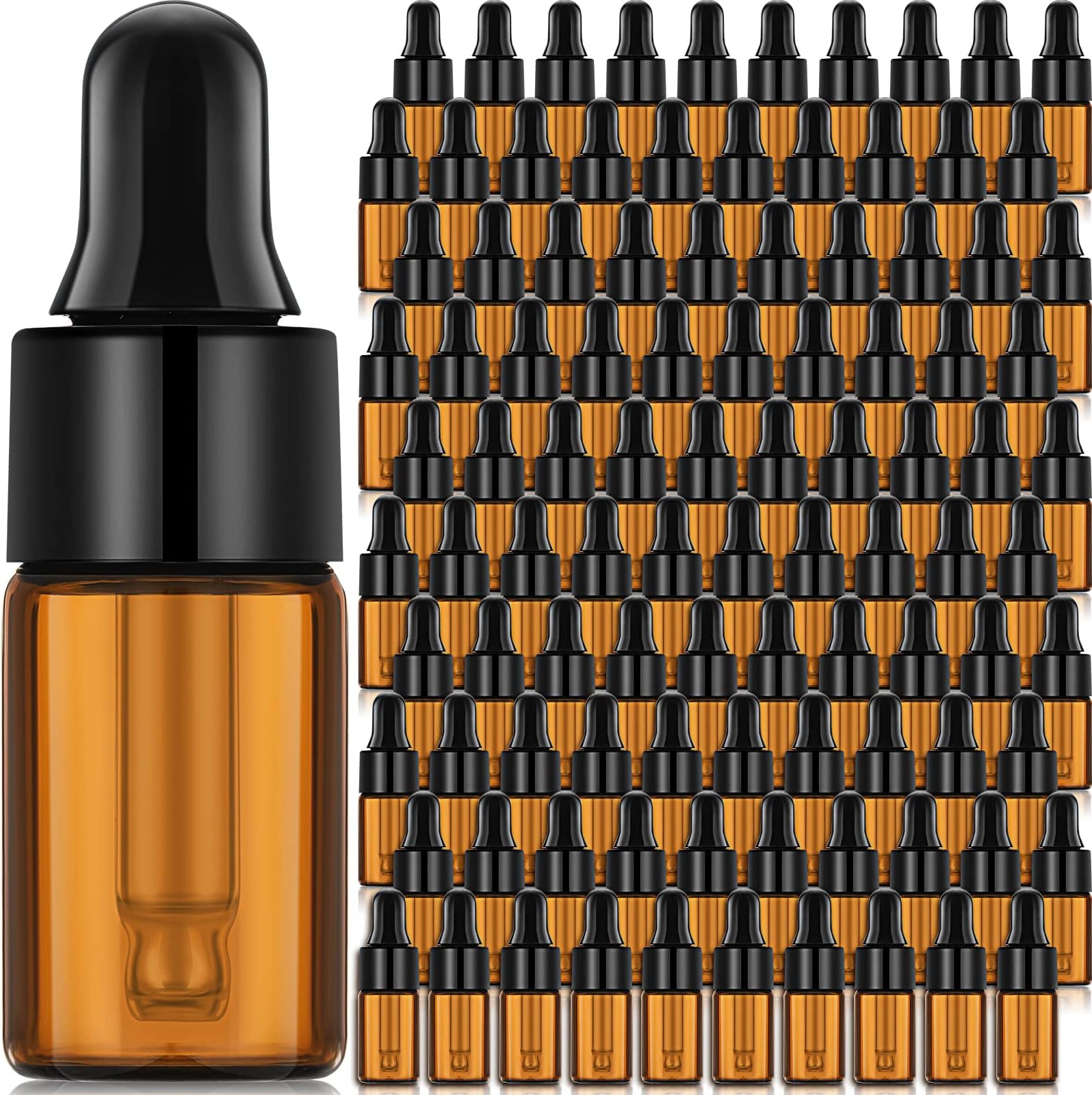 Nuogo 100 Pcs Mini Amber Glass Oil Dropper Bottle Bulk, Clear Essential Small Empty Sample Vial with Dropper and Black Caps Tiny Amber Glass Bottles Perfume Jars for Travel(3 ml)