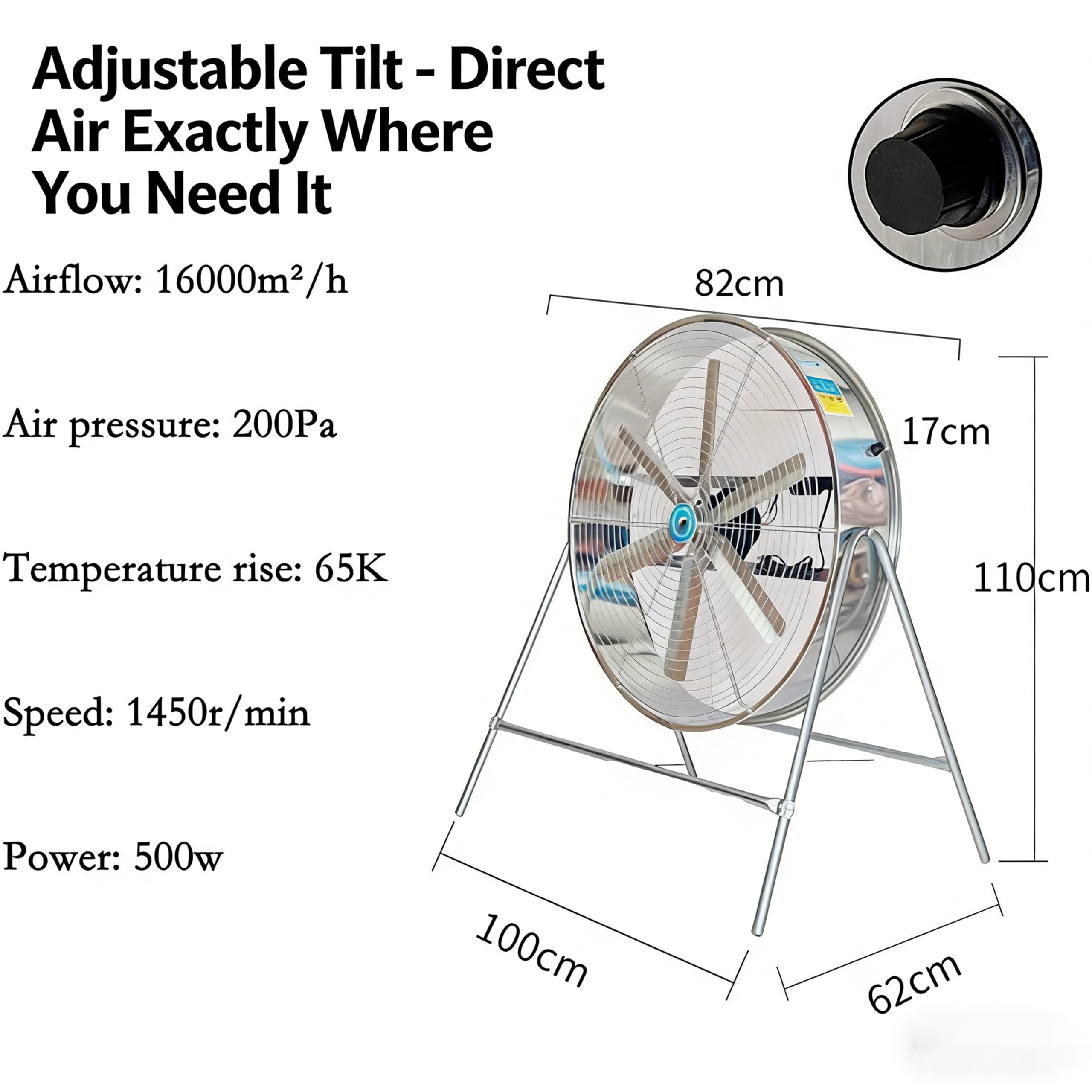 Débit d'air élevé de 16 000 m³/h : ventilateur de sol industriel robuste – Moteur puissant de 500 W, inclinaison réglable, boîtier en acier durable, lames en aluminium – pour entrepôt, usine, atelier