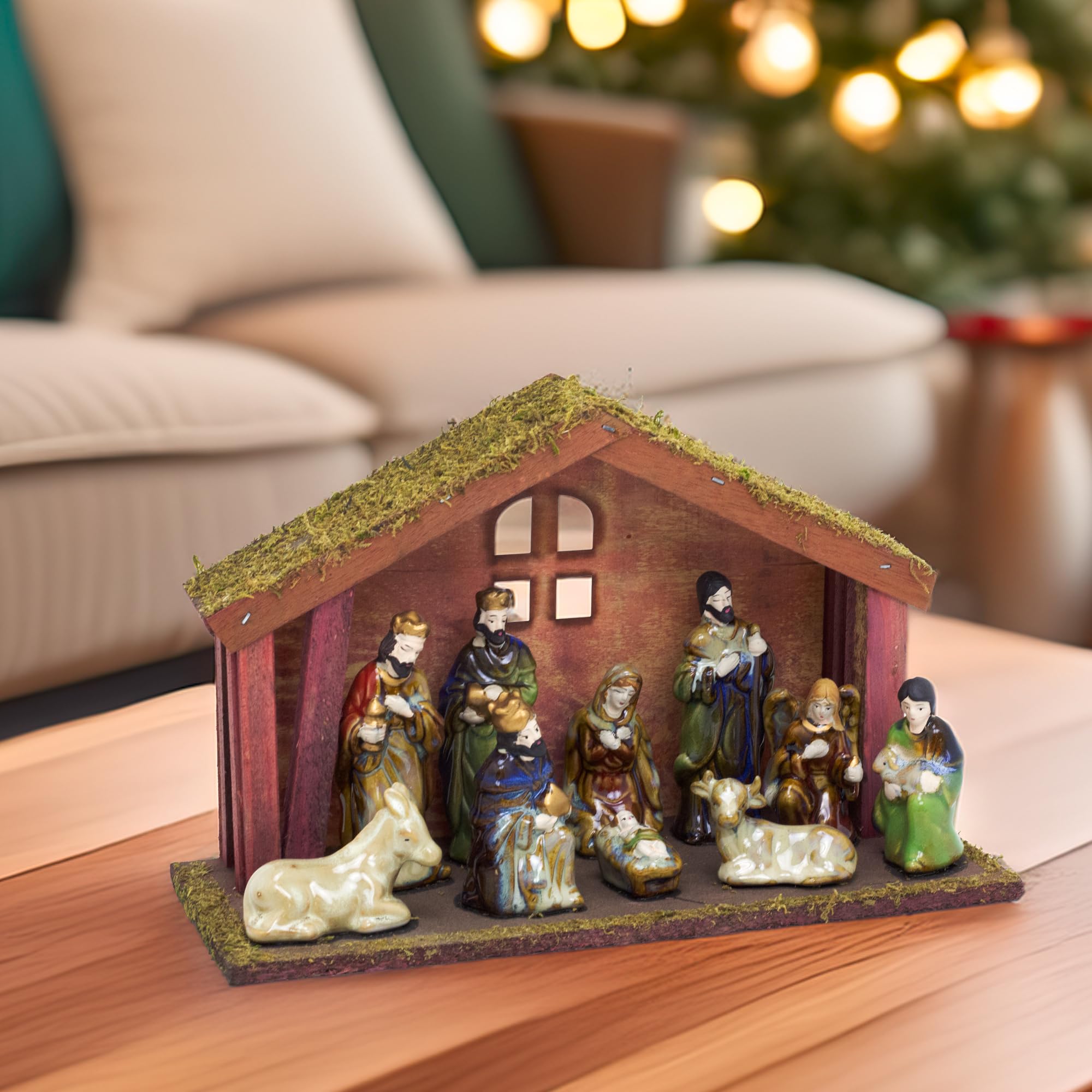 Gisela Lot de 11 crèches en céramique avec étable en bois