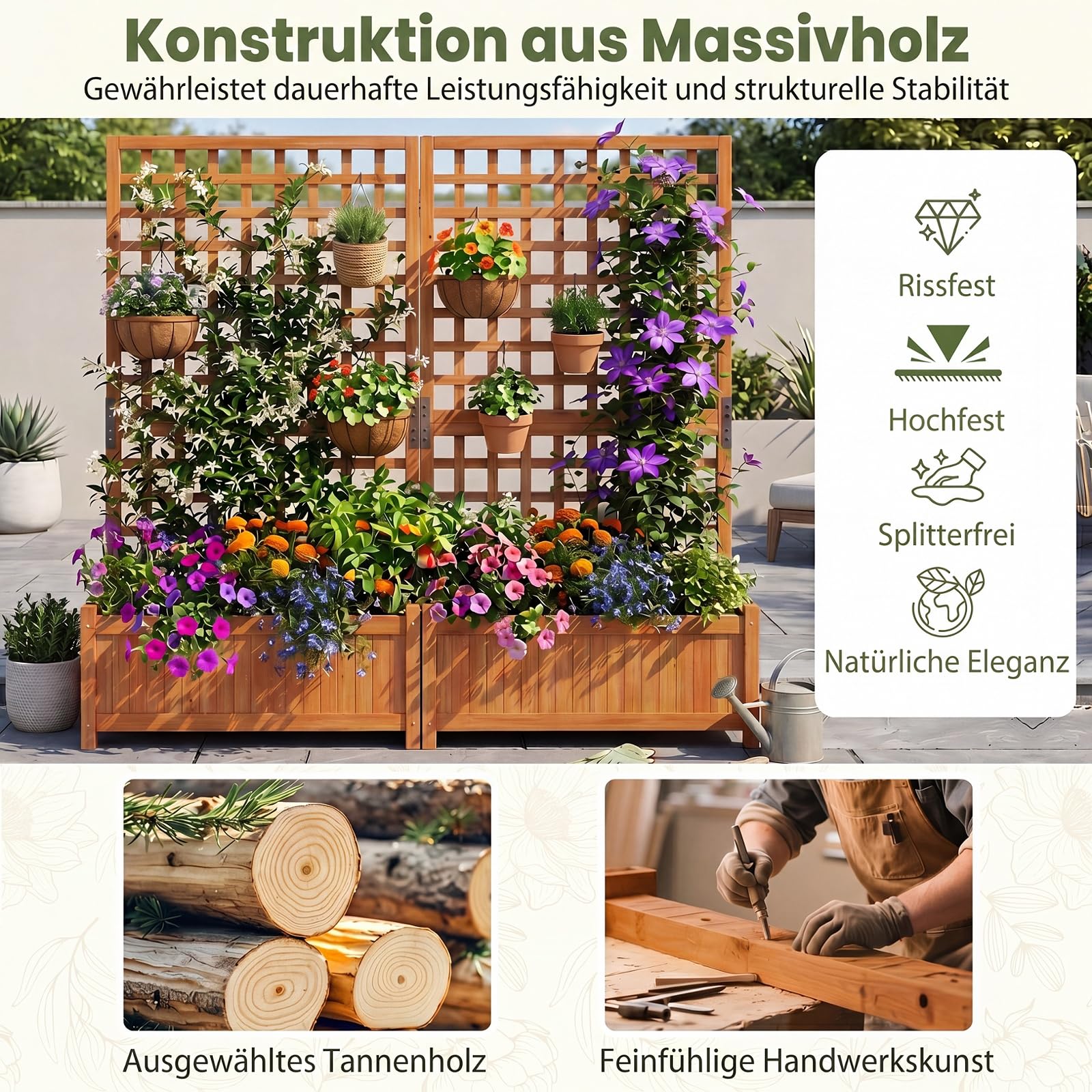 COSTWAY Blumenkasten mit Rankgitter, Pflanzkasten Tannenholz, Pflanzkübel mit Sichtschutz, Hochbeet mit Spalier & Drainagelöchern, Rankhilfe für Kletterpflanzen Garten, 76 x 32 x 143 cm (Orange)