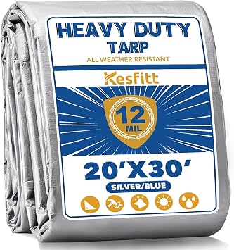 Kesfitt 12 Mil Heavy Duty Waterproof Tarp with Metal Grommets, 20x30 ft, Silver & Blue Reversible Poly Tarp for Outdoor Protection, Yard, Worksite, Pools, Vehicles, Equipment Coverage