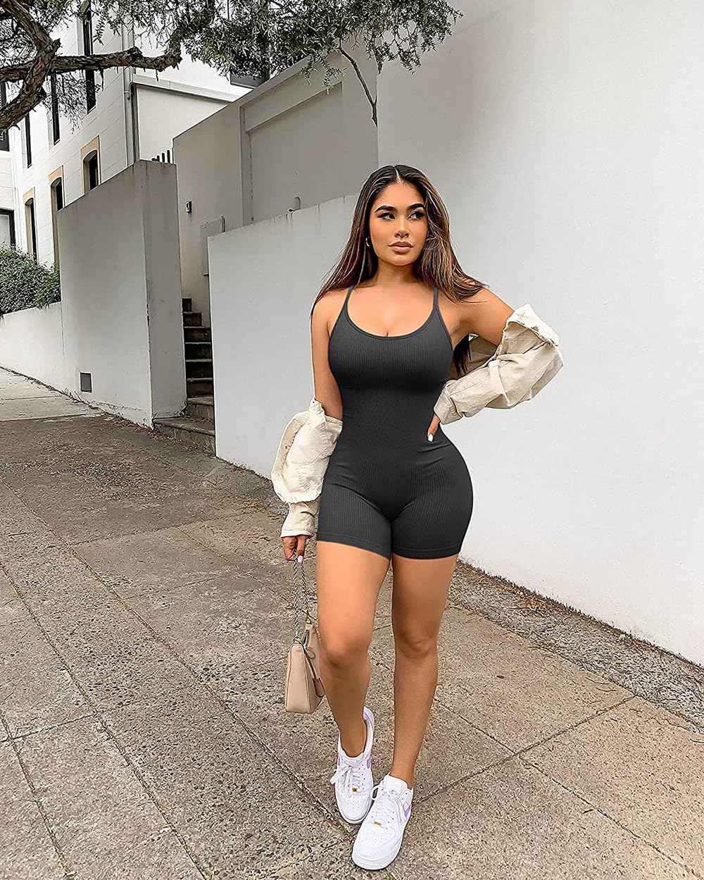 Tutina Donna Aderente Jumpsuit Sportivo Aderente Sexy Pantaloncini Senza Maniche Spaghetti Strap Tuta Intera Corta Fitness Yoga Monopezzi e Tutine Estiva