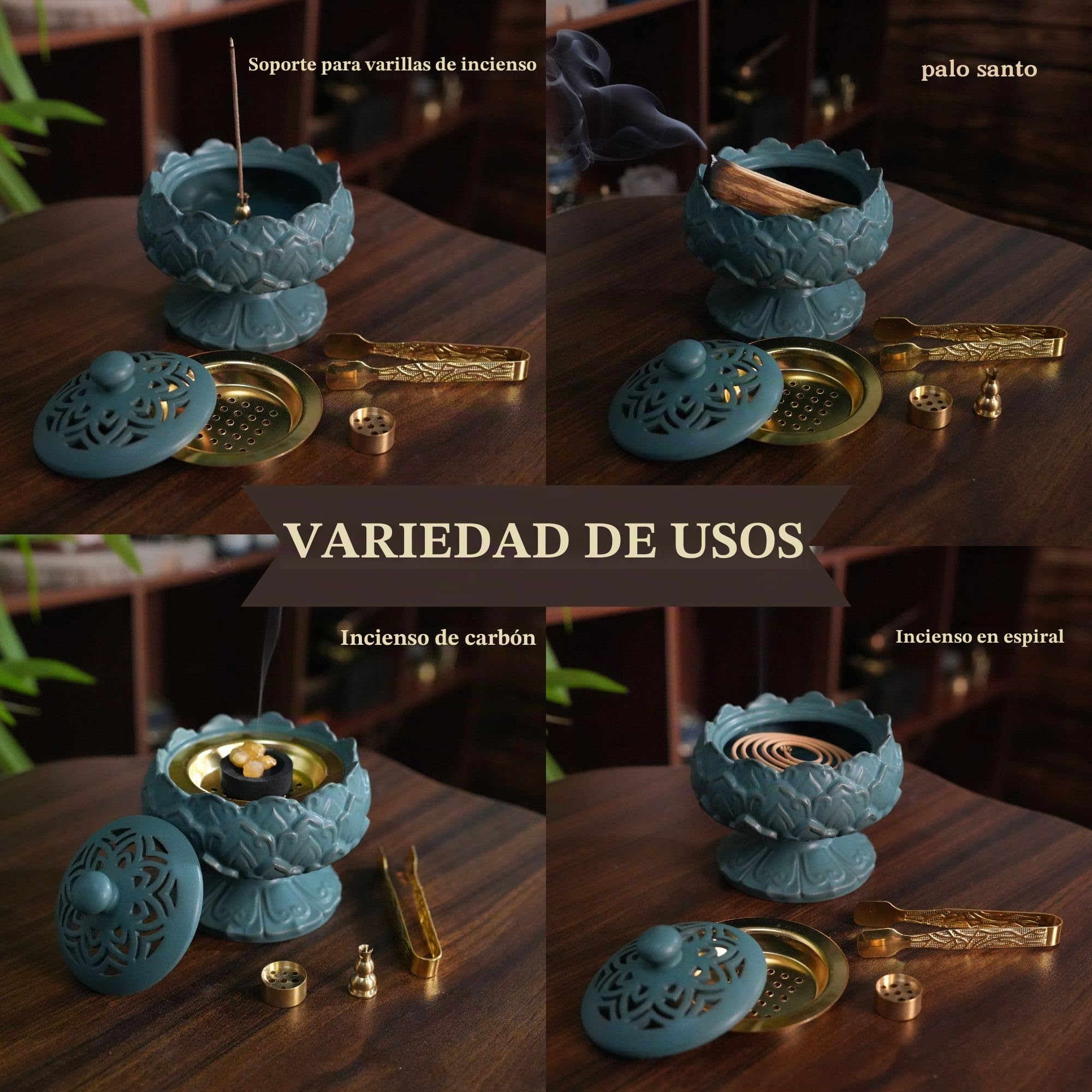 Quemador de incienso de cerámica para incienso, Bakhoor, carbón, palo, polvo, cono, bobina e incienso de torre, accesorios para meditación y aromaterapia con pinzas