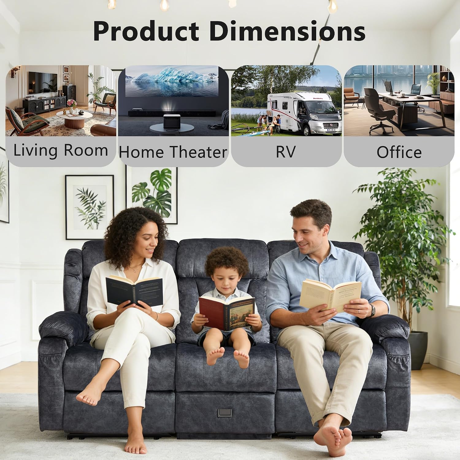 3-Seater Reclining Sofa with Flip-Down Center Seat Console, Home Theater Seating Reclining Couch with USB A/USB C/AC Charging Ports, Cup Holder for Small Space (Gray, 3-Seater)