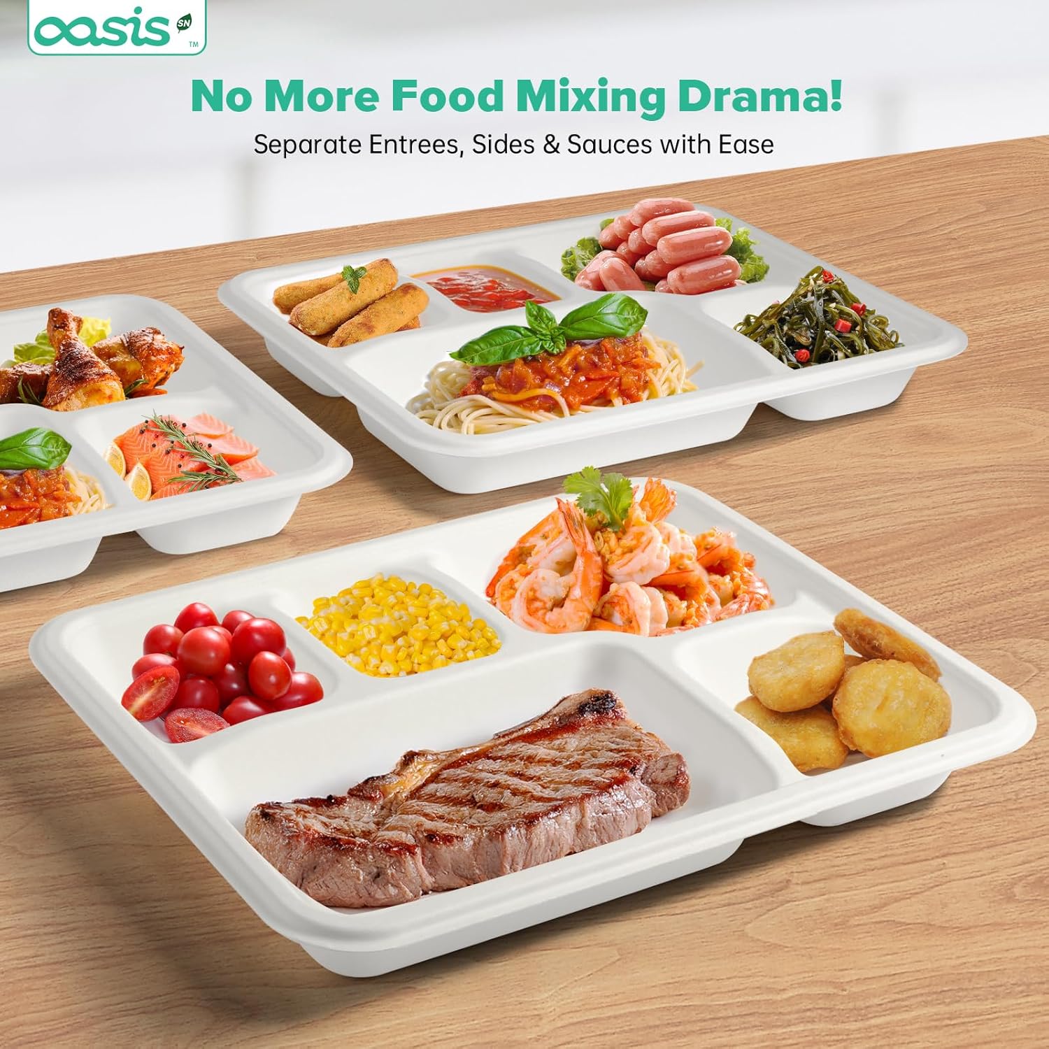 11x9 128-Pack 5-Compartment Meal Trays, Larger & Deeper Heavy Duty Divided Plates, Compostable Bagasse, Microwave Safe, School Lunch, Catering, Party(White)