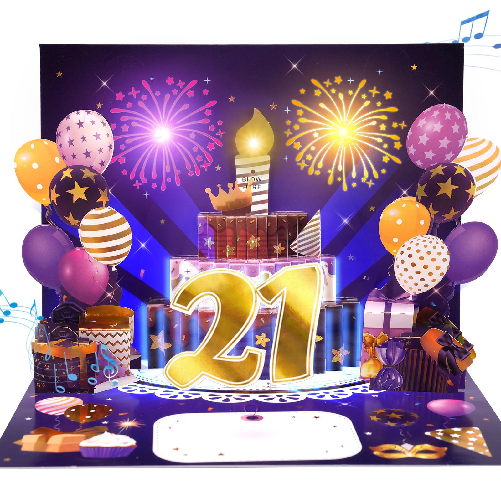 21st Musical Birthday Card, 3D Light-up Birthday Card for 21st Boys, Girls | Pop Up Cake Happy Birthday Card w Firework Lights & Blowable Candle for 21 year-old Boys, Girls, Grandson, Granddaughter