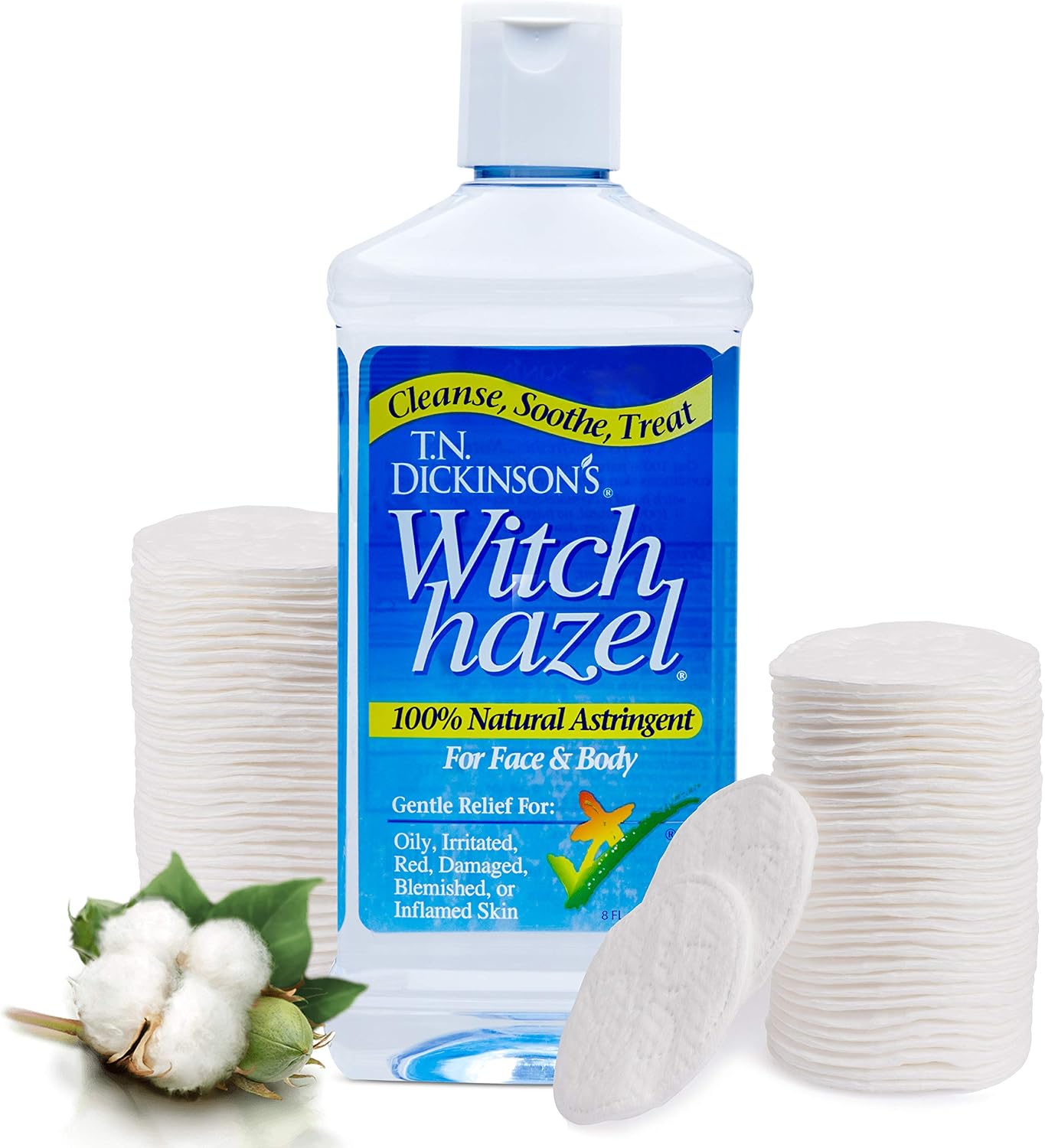 T.N. Dickinson's 8 oz. Witch Hazel 100% Natural Astringent with 100 Pcs. Cotton Rounds