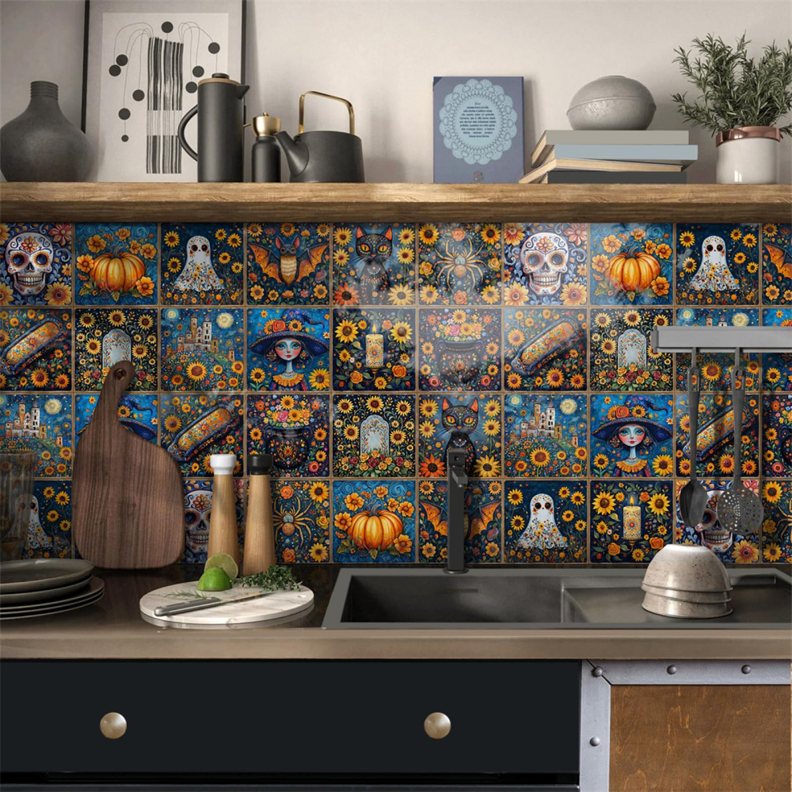 Tile Stickers, Pumpkin Peel and Stick Wall Stickers Self Adhesive Vinyl Waterproof Oil Proof Home Decor(15X15CM/24PCS)