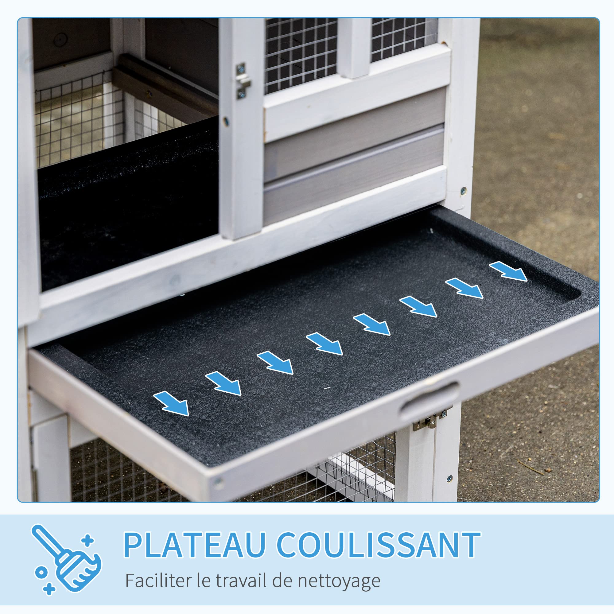 PawHut Clapier Cage à Lapins Cottage - Niche supérieure avec Rampe et enclos extérieur - Plateau Coulissant, Toit bitumé, 4 Portes verrouillables - dim. 128L x 64l x 92H cm Bois de Sapin Blanc Gris