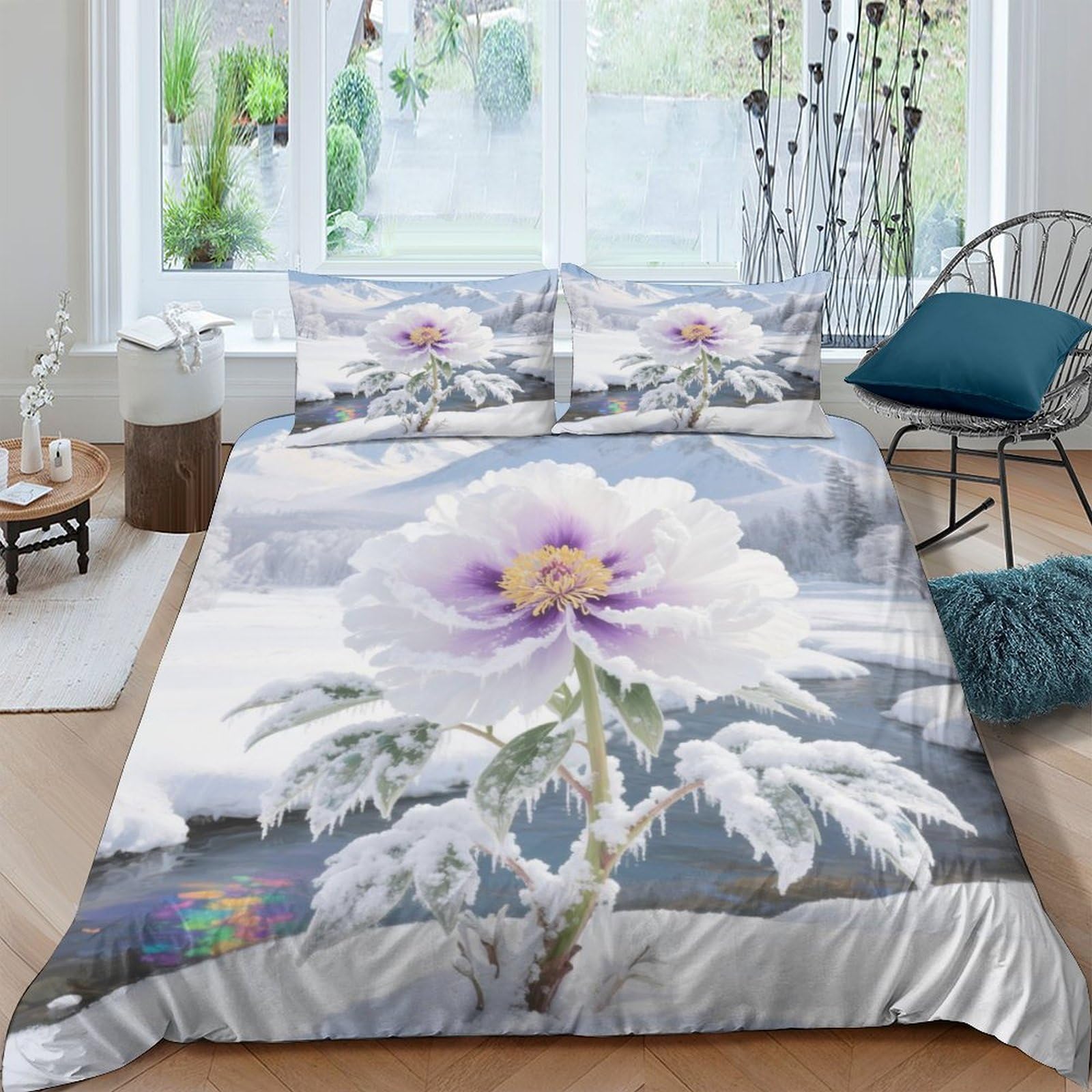 Housse de couette pivoine 3D 200x200cm en microfibre douce avec taies d'oreiller