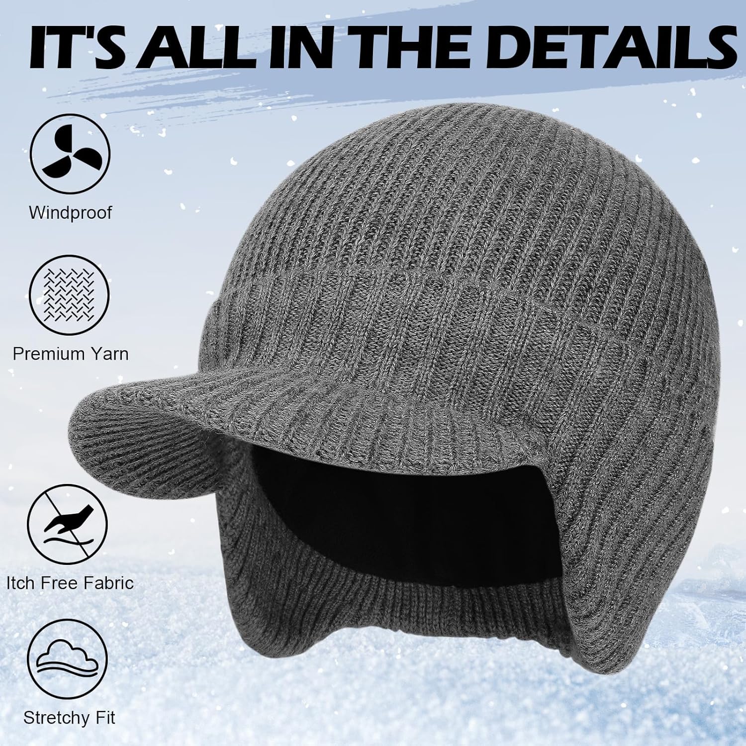M/L/XL/XXL Waterproof Merino Wool Brim Beanie for Men with Ear Flap, Outdoor Warm Fleece Lined Knit Winter Hat for Big Heads - Image 7