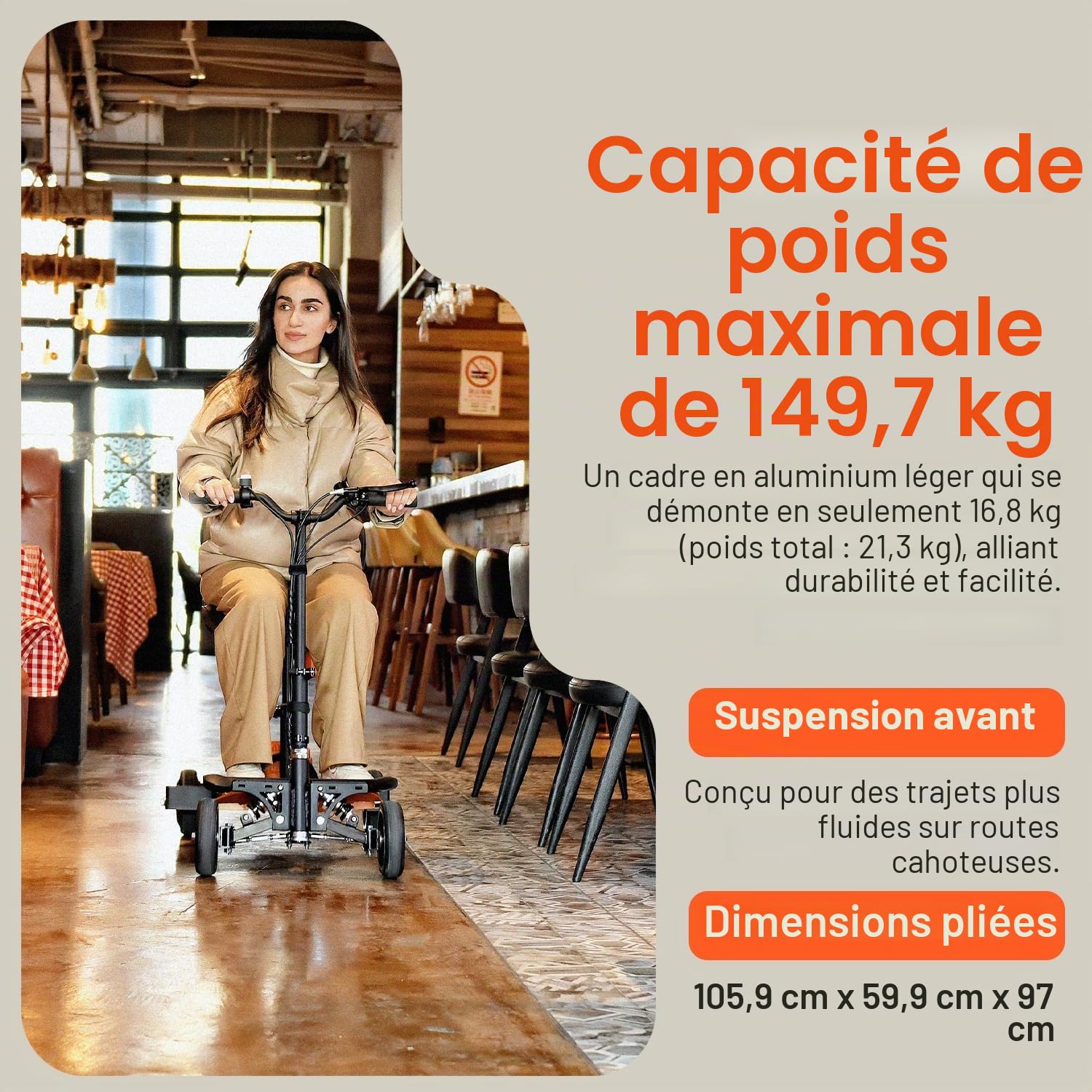 SuperHandy Scooter de mobilité Passport Pro - Cadre en aluminium pliable, 4 roues, comprend 2 batteries Li-Ion 48V 2Ah et un chargeur, supporte jusqu'à 150 kg [Brevet en attente]