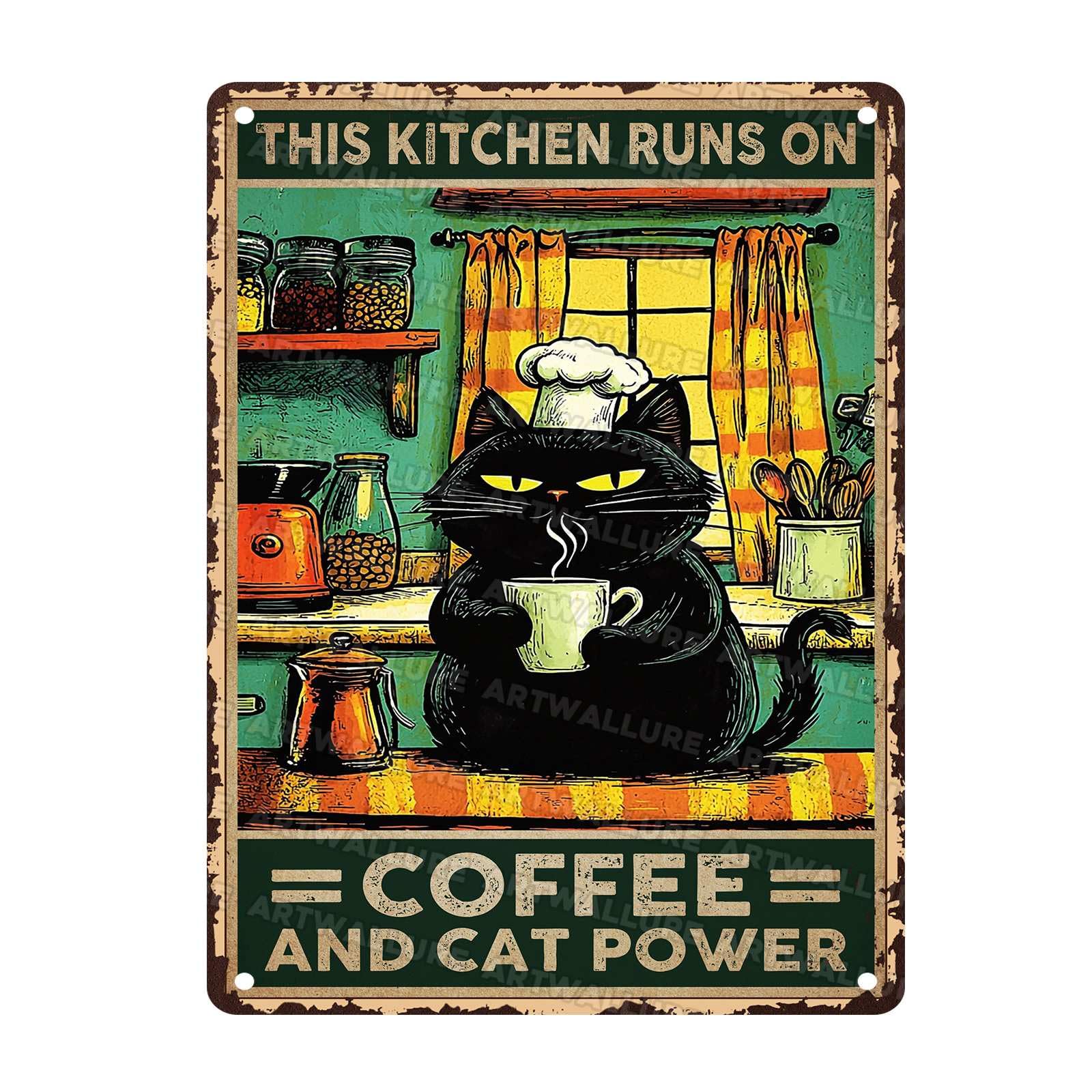 Rustic Metal Tin Sign This Kitchen Runs on Coffee and Cat Power Black Cat Wall Art Vintage Retro Kitchen Decor Plaque 12x16Inch
