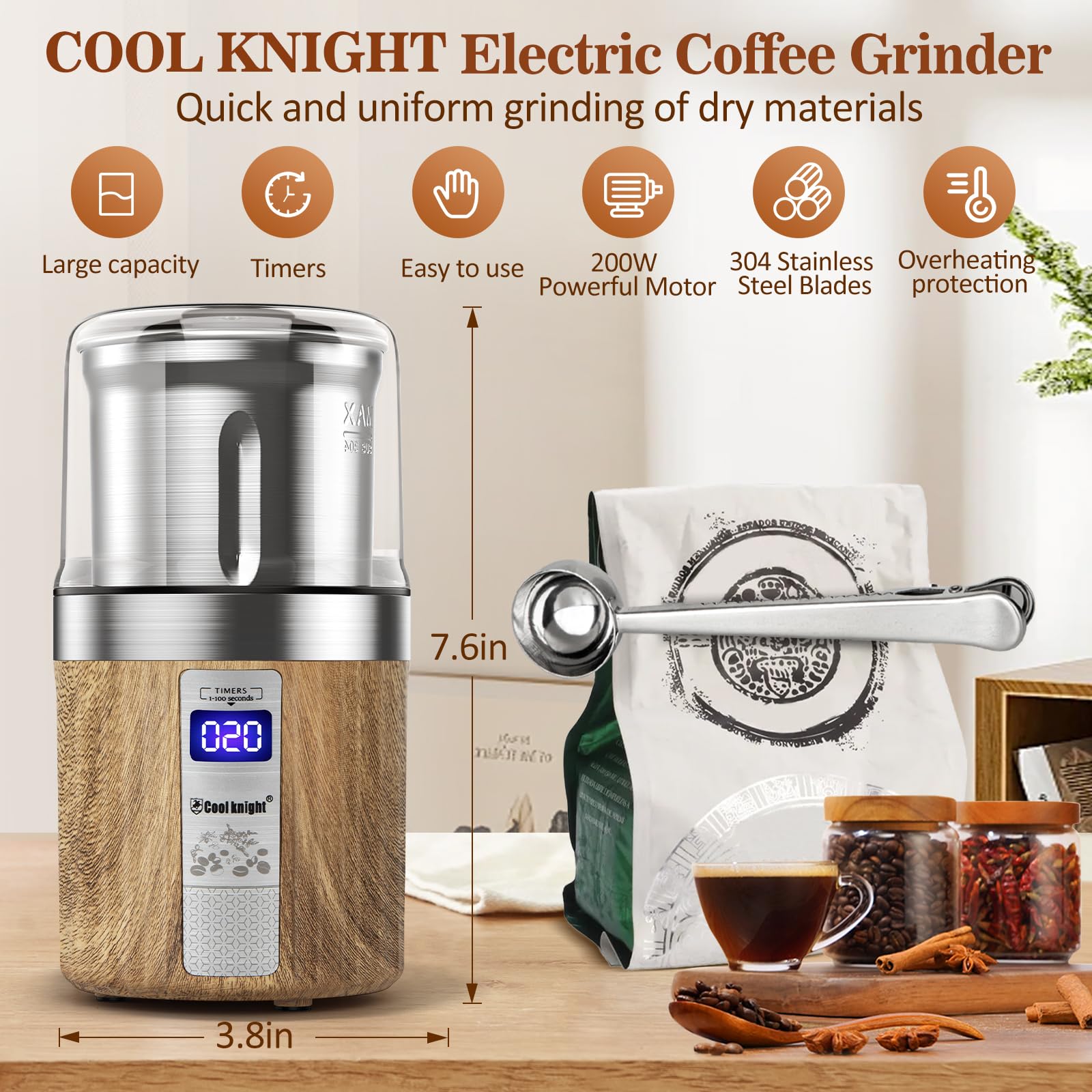 COOL KNIGHT Macinacaffè Elettrico, Macinacaffè Con Contatore E Una Tazza Di Macinatura In Acciaio Inossidabile. 100g Capacità Macina Spezie., Adatto Per Spezie, Chicchi Di Caffè, Noci, Ecc.
