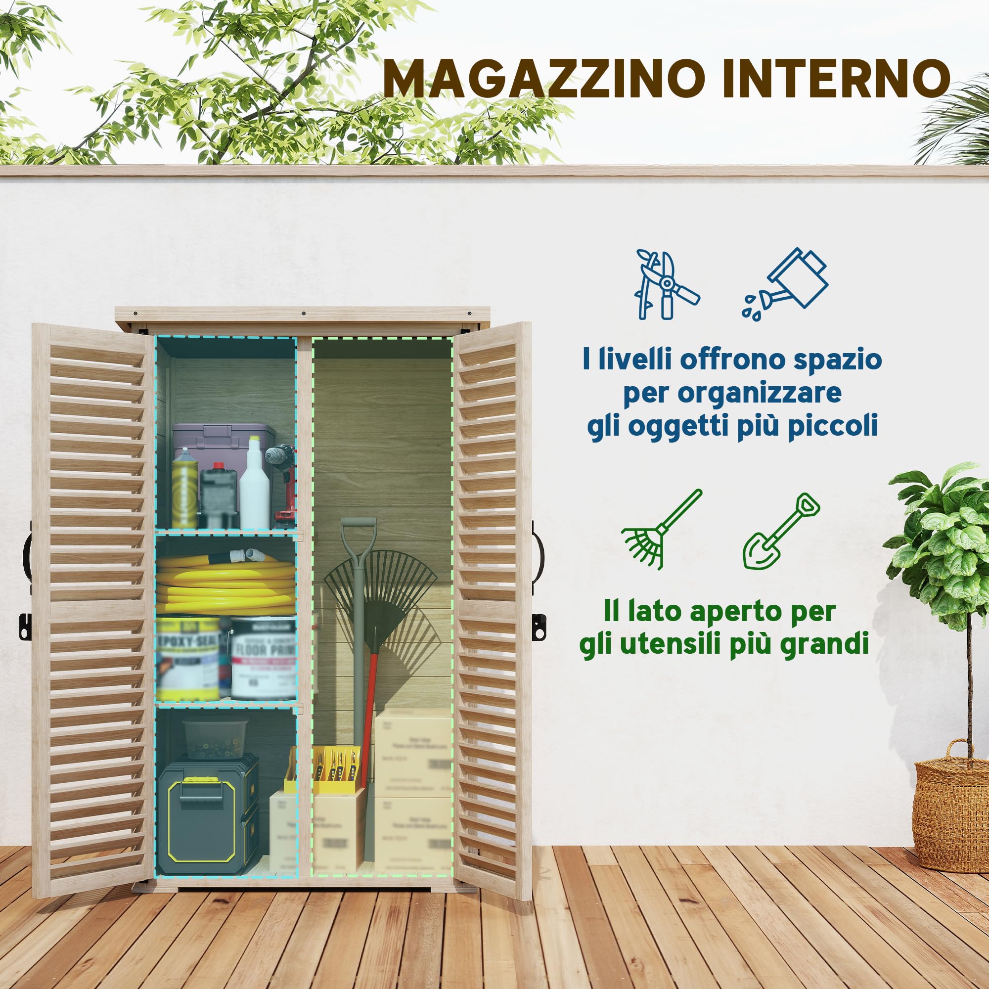 Outsunny Armadio da Esterno Portaoggetti a 2 Ripiani con Picchetti e Tetto Inclinato, Casetta da Giardino in Legno di Abete, 75x50x111/118 cm, Color Legno
