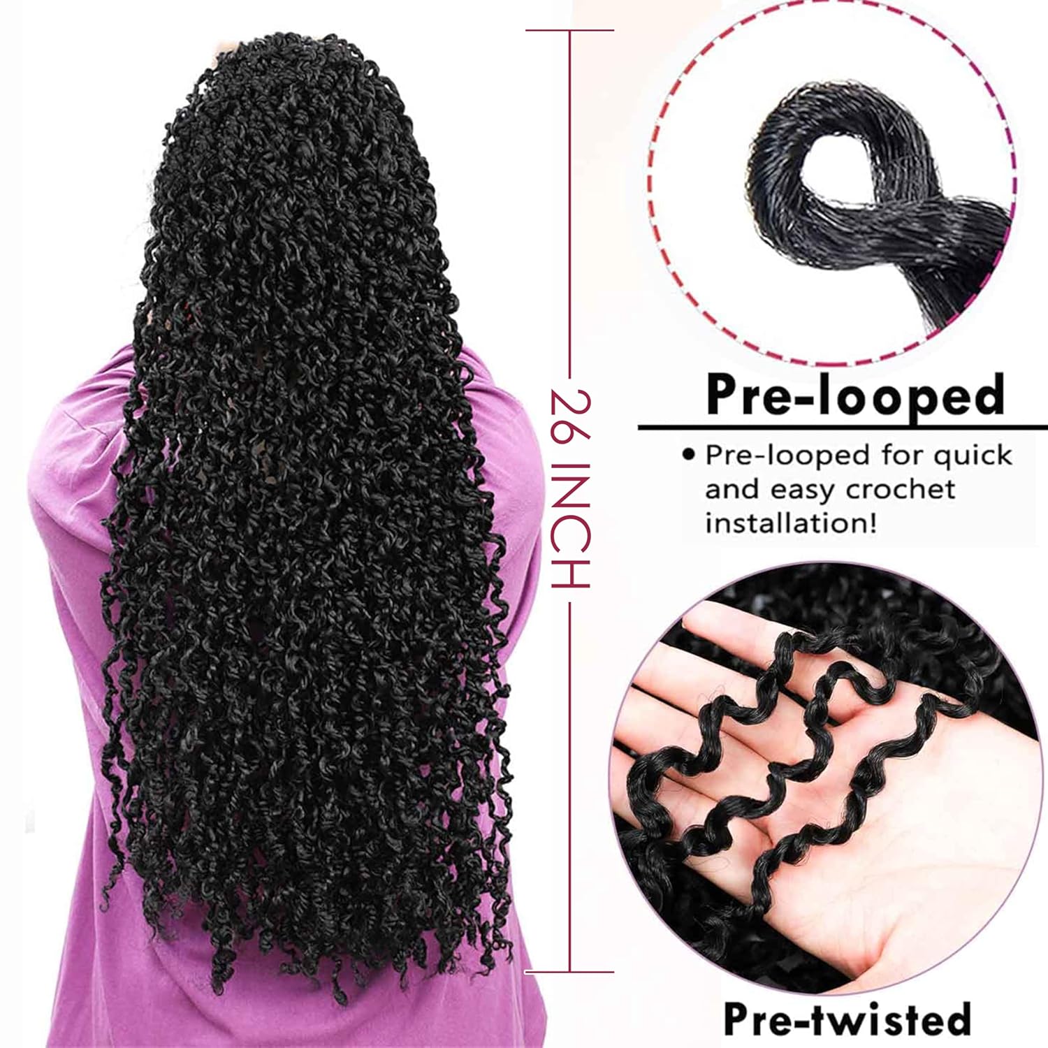 Boho Majesty Twist Crochet Hair 26" - 8 Packs Black Pre Twisted Mini Passion Twist Crochet Hair Curly Senegalese Dreadlocks Extensions Pre-looped Yanky Twist Braids for Women Synthetic