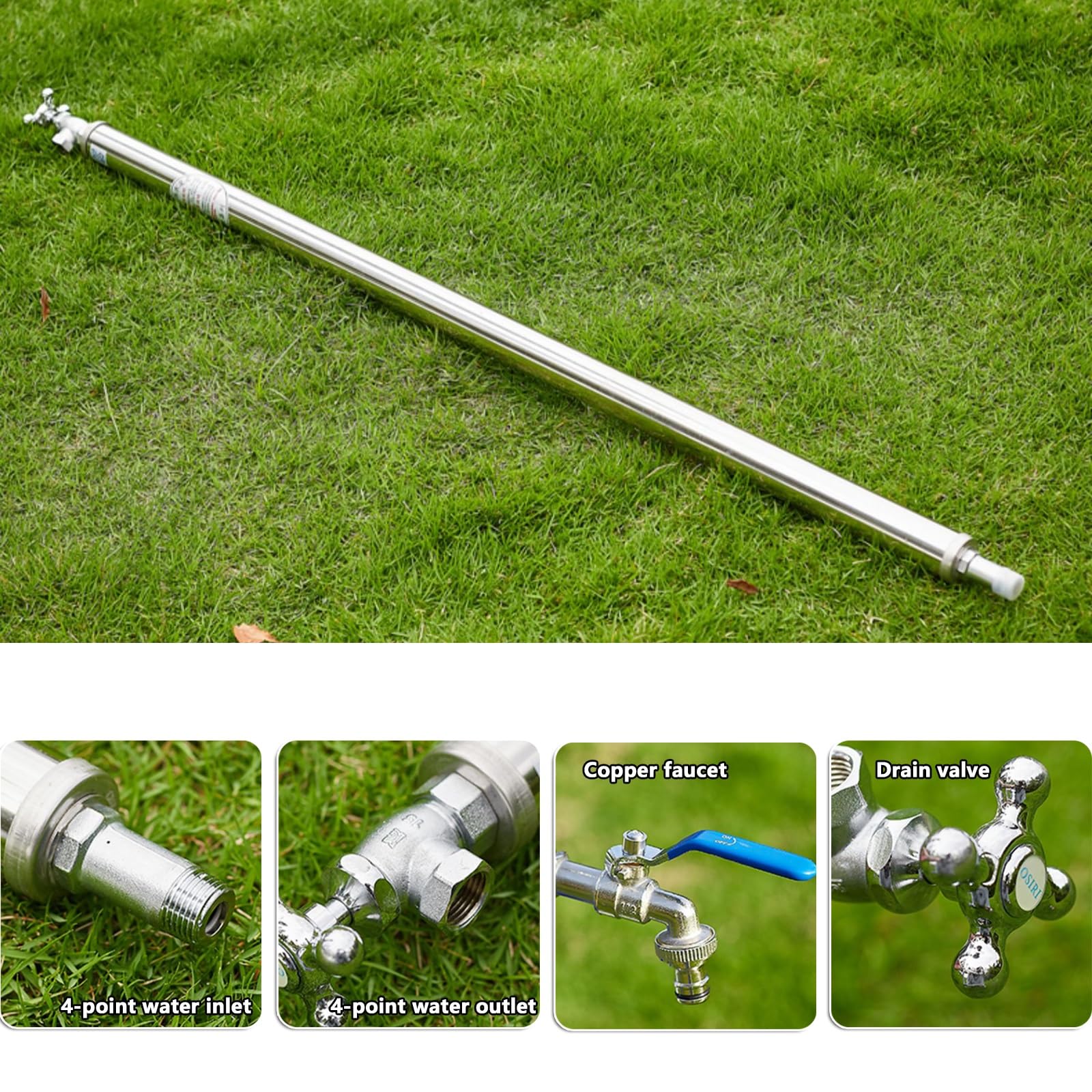 Colonne d'eau Jardin - Robinet extérieur Rond Acier Inoxydable - Colonne d'eau autoportante - Pistolet pulvérisateur 1500 cm - Fournitures essentielles pour l'arrosage