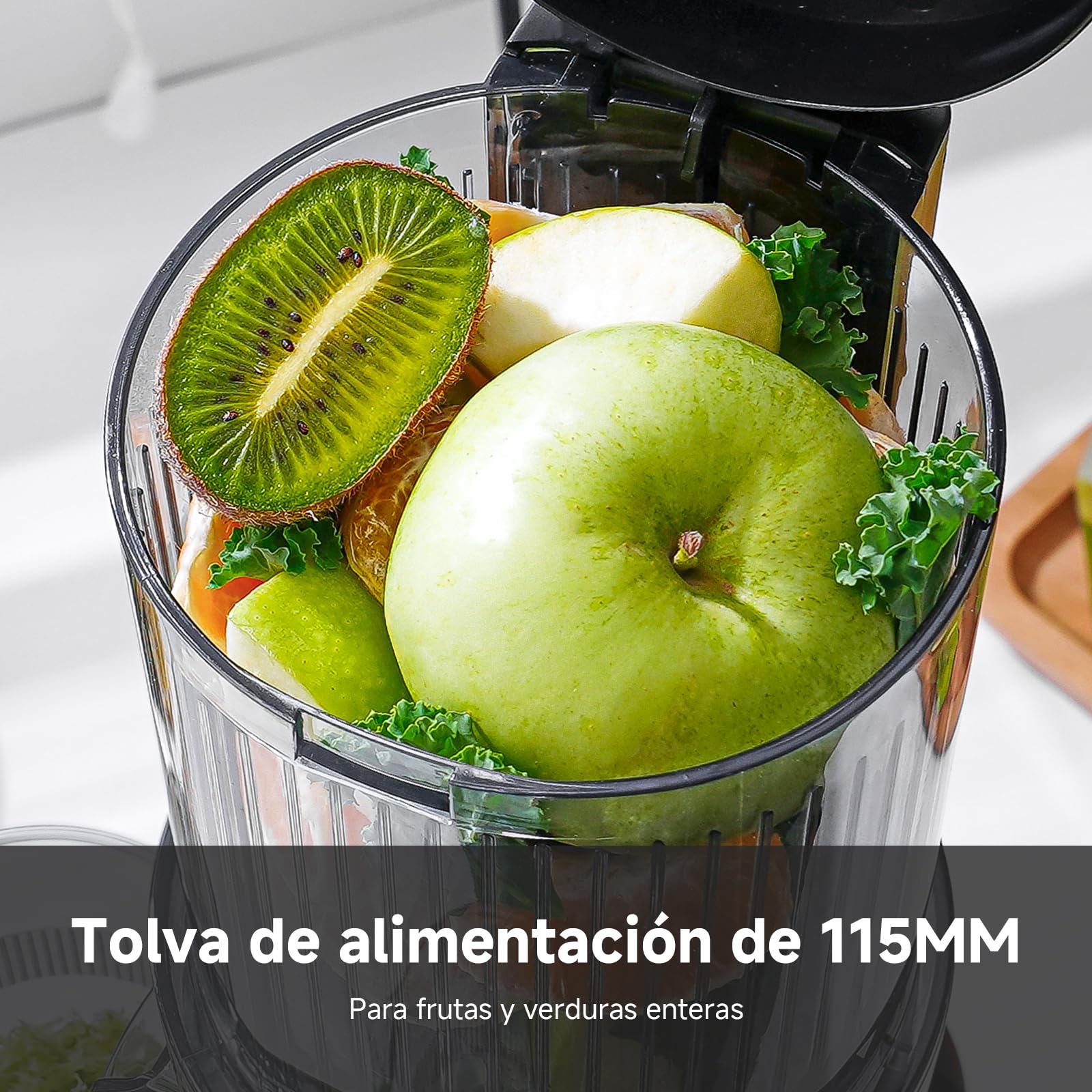 AMZCHEF Exprimidor de Jugos Lento – Apertura de 115MM para verduras y frutas enteras – Exprimidor compacto con alta extracción de jugo, silencioso, fácil de limpiar