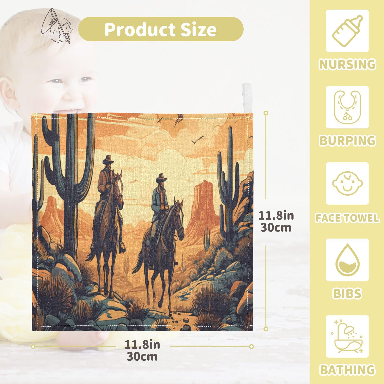 Kigai Cowboy Rides A Horse Across The Desert Baby Washcloths,3pcs Ultra Soft Absorbent Towel,Newborn Bath Face Towel, Natural Reusable Baby Wipes for Sensitive Skin, Baby Registry as Shower