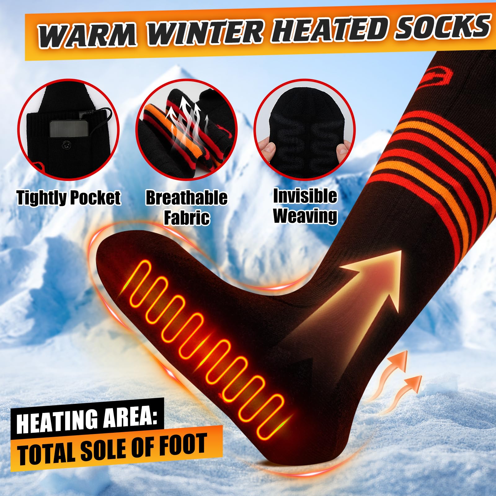 Chaussettes chauffantes pour Homme et Femme - 5 V 5000 mAh - Alimentées par Batterie Rechargeable - Jusqu'à 10 Heures - Lavables - Chaussettes Thermiques d'hiver pour Le Travail en Plein air, Le Ski,